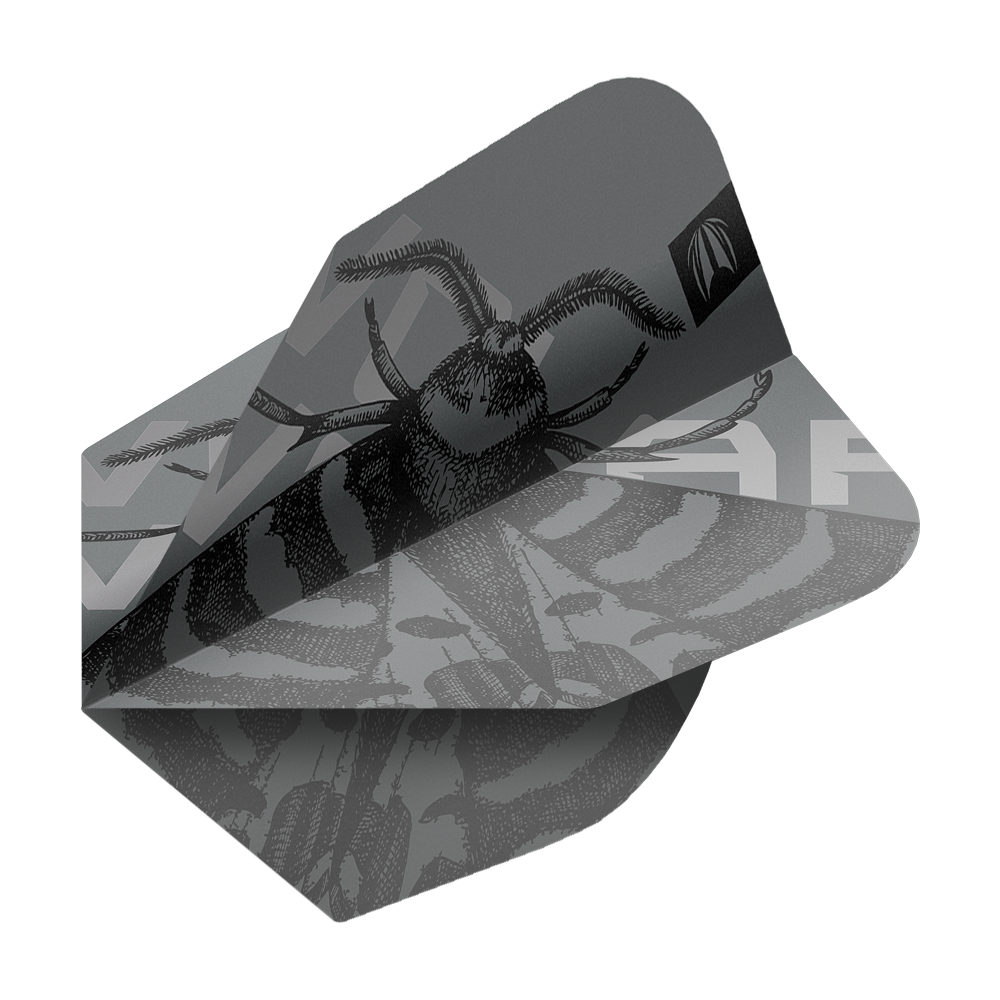 Target Pro Ultra Volar No6 Flights - 3 Sets Das Bild zeigt ein Dartflight mit einem schwarz-grauen Design und einer Abbildung eines Insekts. Es handelt sich um das Produkt "Target Pro Ultra Volar No6 Flights - 3 Sets".
