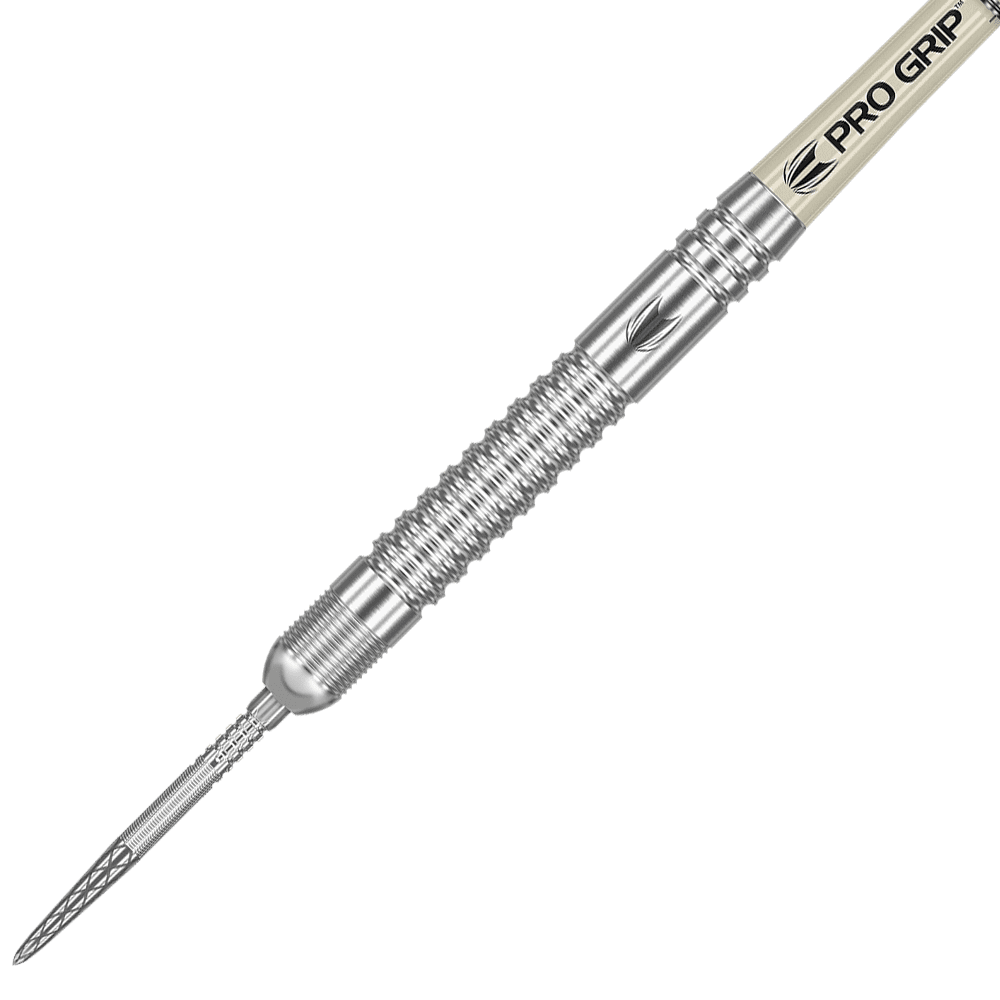190224-_Target_Dimitri_Van_Den_Bergh_GEN2_Swiss_Point_Steeldarts_2 Das Bild zeigt einen silbernen Steeldartpfeil mit gerilltem Griffbereich. Auf dem Schaft steht "PRO GRIP" geschrieben.