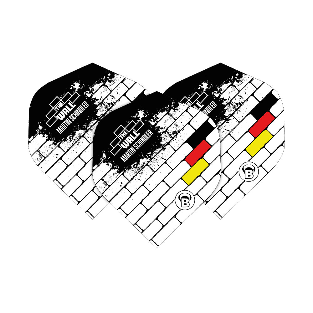 Bulls B-Star Martin Schindler White No2 Standard Flights Das Bild zeigt drei Dart Flights des Modells "Bulls B-Star Martin Schindler White No2 Standard". Die Flights sind weiß mit einem schwarzen Ziegelmuster und zeigen die deutschen Farben sowie den Schriftzug "THE WALL Martin Schindler".