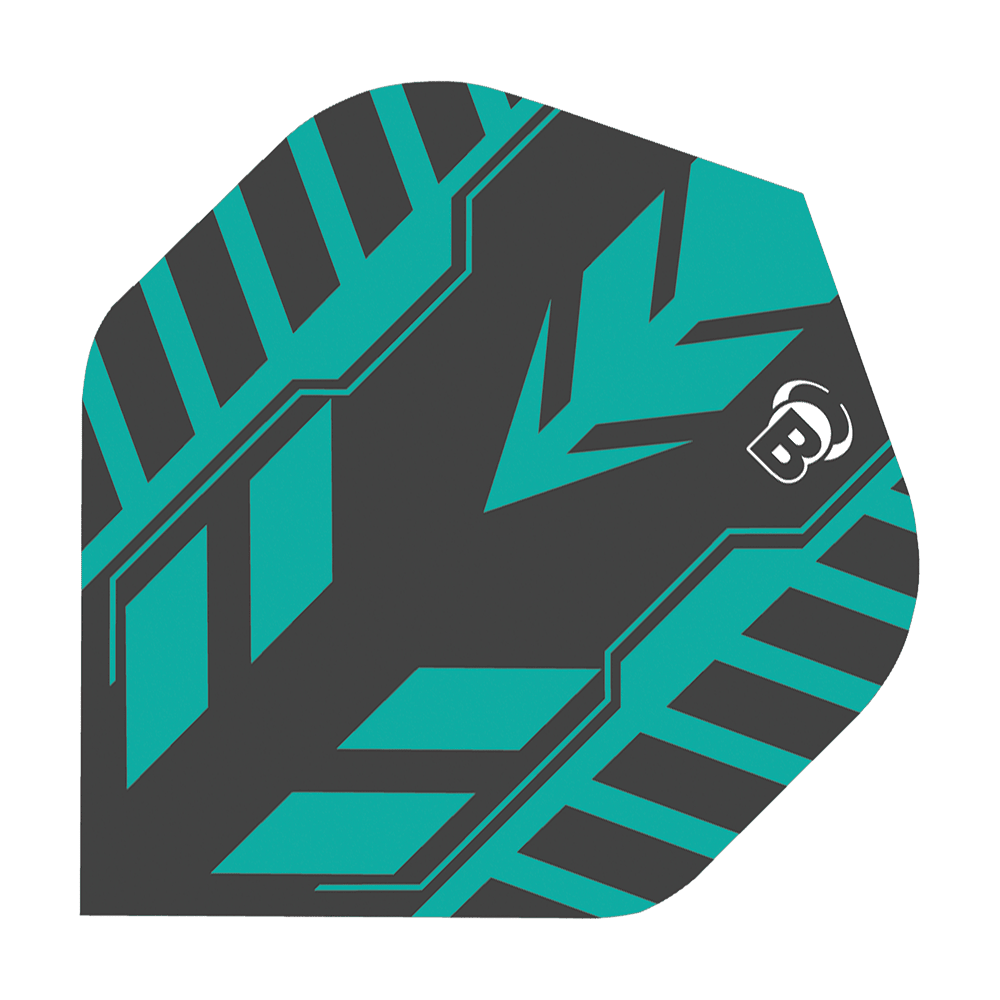 Bulls B-Star Veco No2 Standard Flights Das Bild zeigt ein Dart-Flight des Modells "Bulls B-Star Veco No2 Standard Flights". Das Flight hat ein modernes Design in Schwarz und Türkis mit einem auffälligen Muster und einem kleinen weißen "B"-Logo.