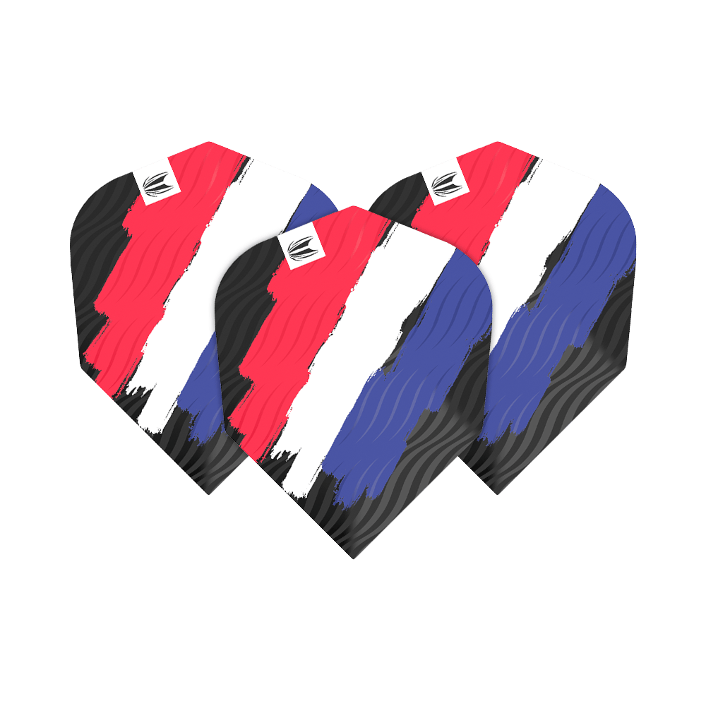 TG13_335780_Target_ProUltra_Flag_Holland_No6_Flights_1Pmc7efCi0JYiG Das Bild zeigt drei Dart-Flights mit einem Muster in den Farben Rot, Weiß und Blau, das an die niederländische Flagge erinnert. Die Flights gehören zum Produkt "Target ProUltra Flag Holland No6 Flights".