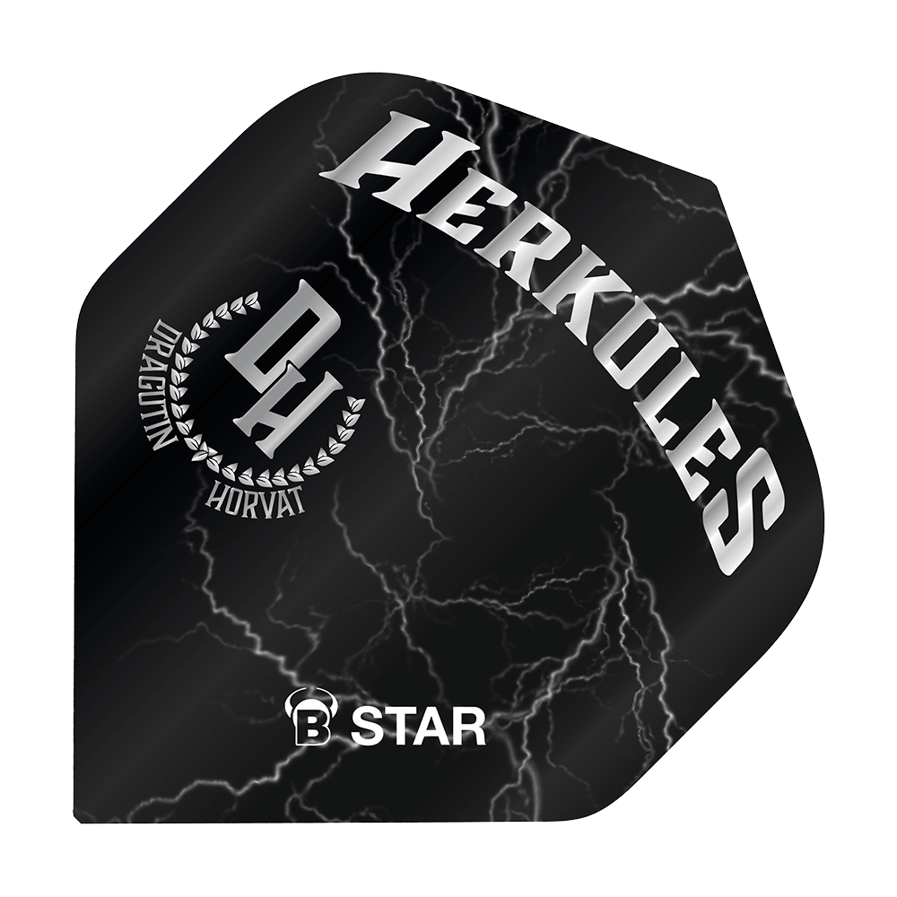BL51843_Bulls_B-Star_Dragutin_Horvat_No2_Standard_Flights_1 Das Bild zeigt ein Dart Flight mit schwarzem Hintergrund und weißen Blitzen. Auf dem Flight stehen die Wörter "HERKULES", "DRAGUTIN HORVAT" und "B STAR".
