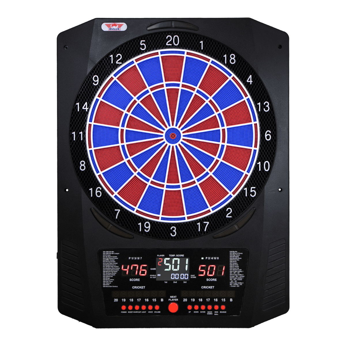 Das Bild zeigt das Bulls NL Universum Pro Light Elektronisches Dartboard in Blau und Rot. Es handelt sich um ein elektronisches Dartboard für präzises Spielen.