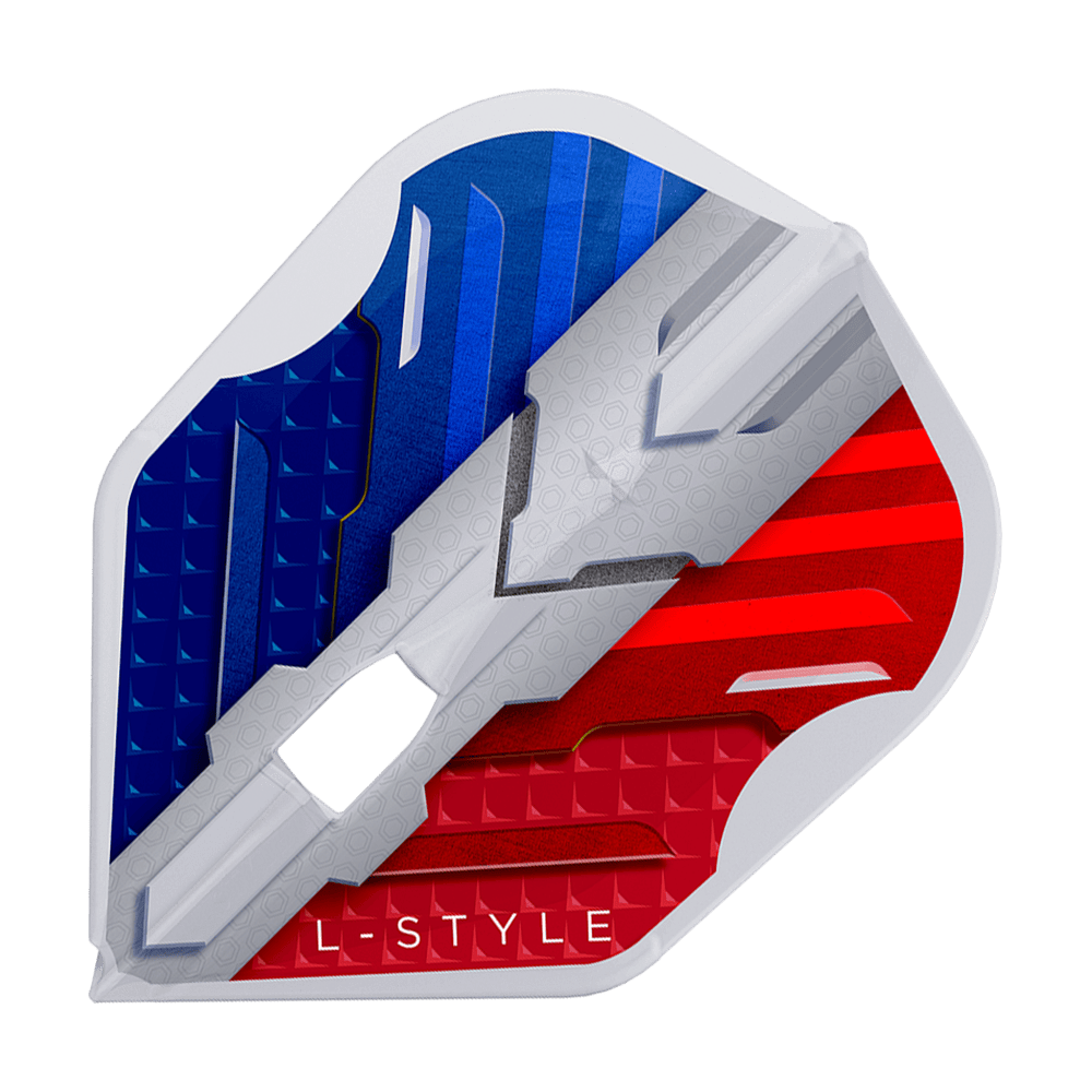 Das Bild zeigt das Produkt "L-Style V-Series V1 Type B France Clear White L3PRO Flights". Die Dart-Flight ist in den Farben Blau, Weiß und Rot gestaltet und trägt die Aufschrift "L-STYLE".