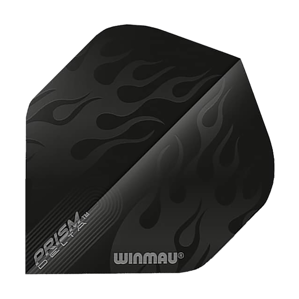 6915-202_Winmau_Prism_Delta_6915-202_Standard_Flights_1 Das Bild zeigt ein Winmau Prism Delta 6915.202 Standard Flight. Das Flight ist schwarz und mit einem Flammenmuster sowie den Aufschriften "PRISM DELTA" und "WINMAU" bedruckt.
