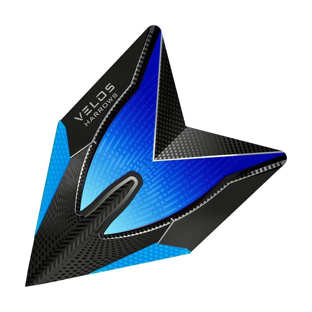 HR1012_Harrows_Blue_2020_Velos_Flights_1 Dies ist ein Harrows Velos Flight in Blau. Das Flight-Design ist modern mit schwarzem und blauem Muster.