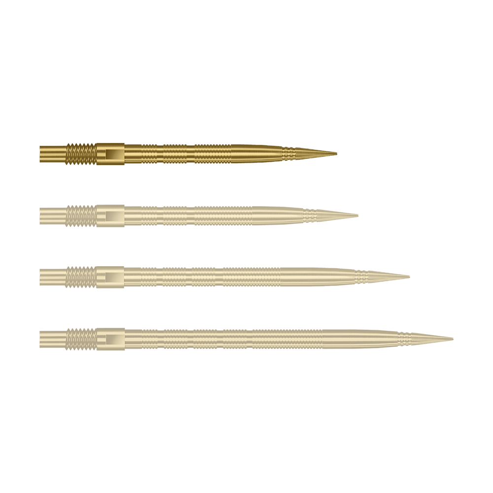 Harrows Quick Point Micro Ridge Dart Tips - Gold Abgebildet sind goldene MicroRidge Dartspitzen mit einer Länge von 26 mm. Das Produkt ist vermutlich von Harrows, Modell Quick Point.