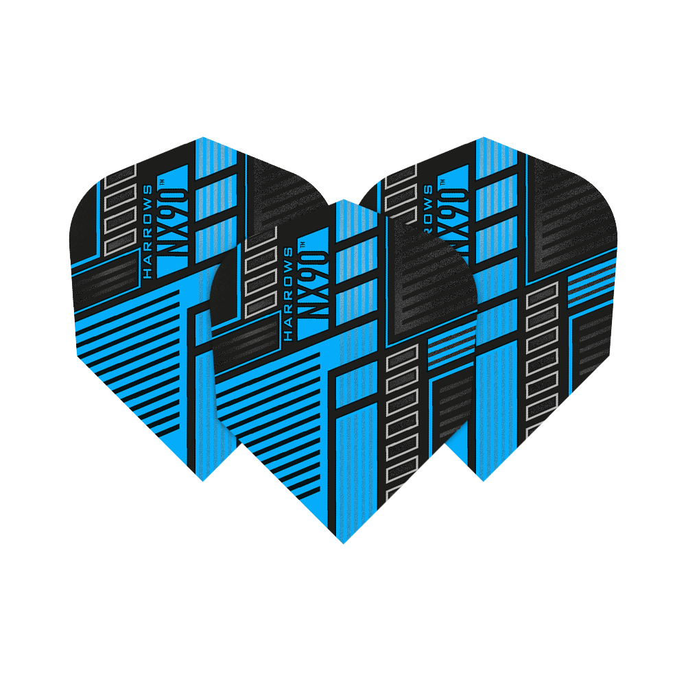 HR48_Harrows_Prime_NX90_Blue_No6_Flights_15EgPXAsSrvJnx Das Bild zeigt drei Harrows Prime NX90 Blue Flights für Darts. Die Flights sind schwarz und blau mit einem modernen, geometrischen Design.