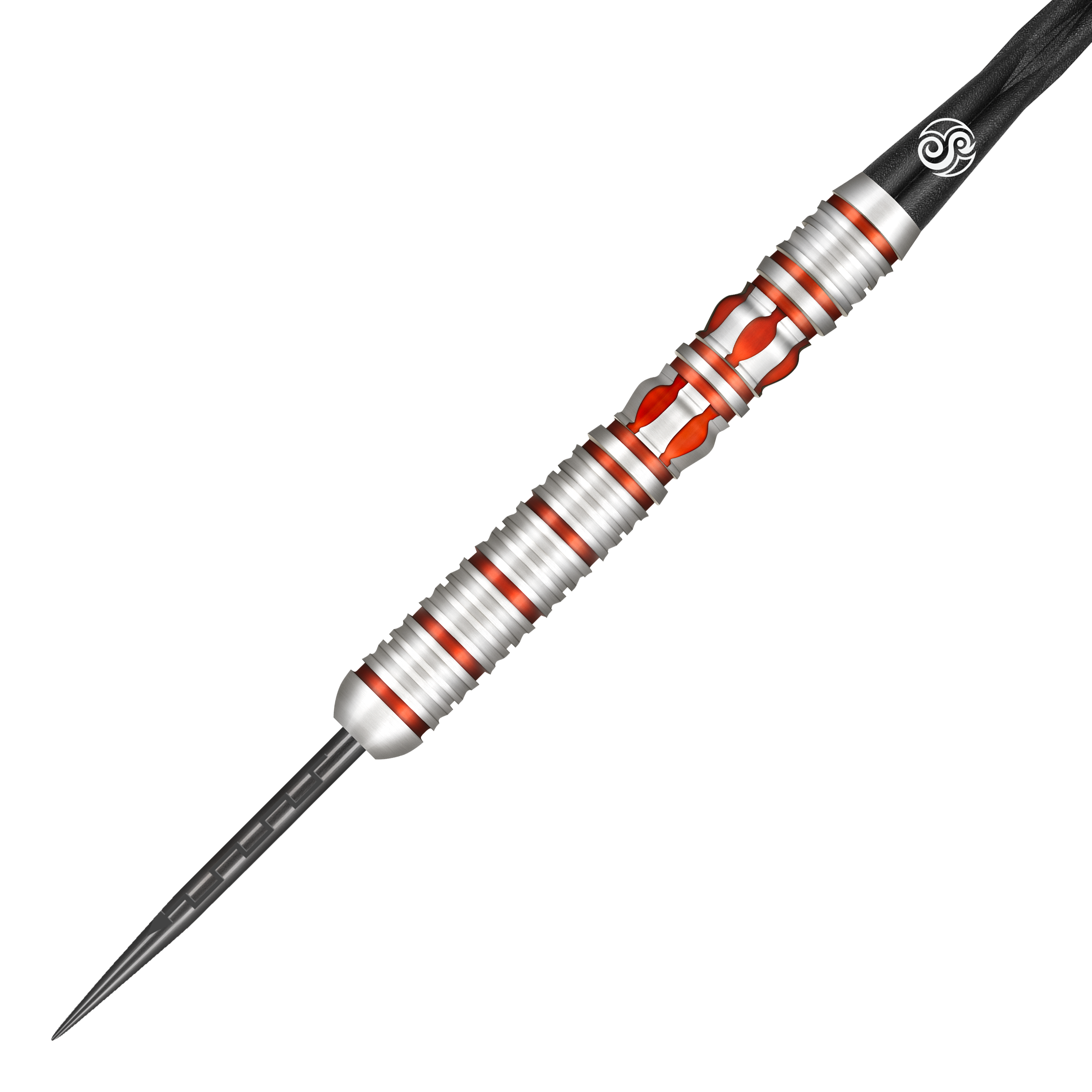 Shot Roman Empire Juno steel darts Das Bild zeigt den Shot Roman Empire Juno Steeldart. Der Dartpfeil ist silberfarben mit roten Akzenten und verfügt über ein detailliertes Griffmuster.