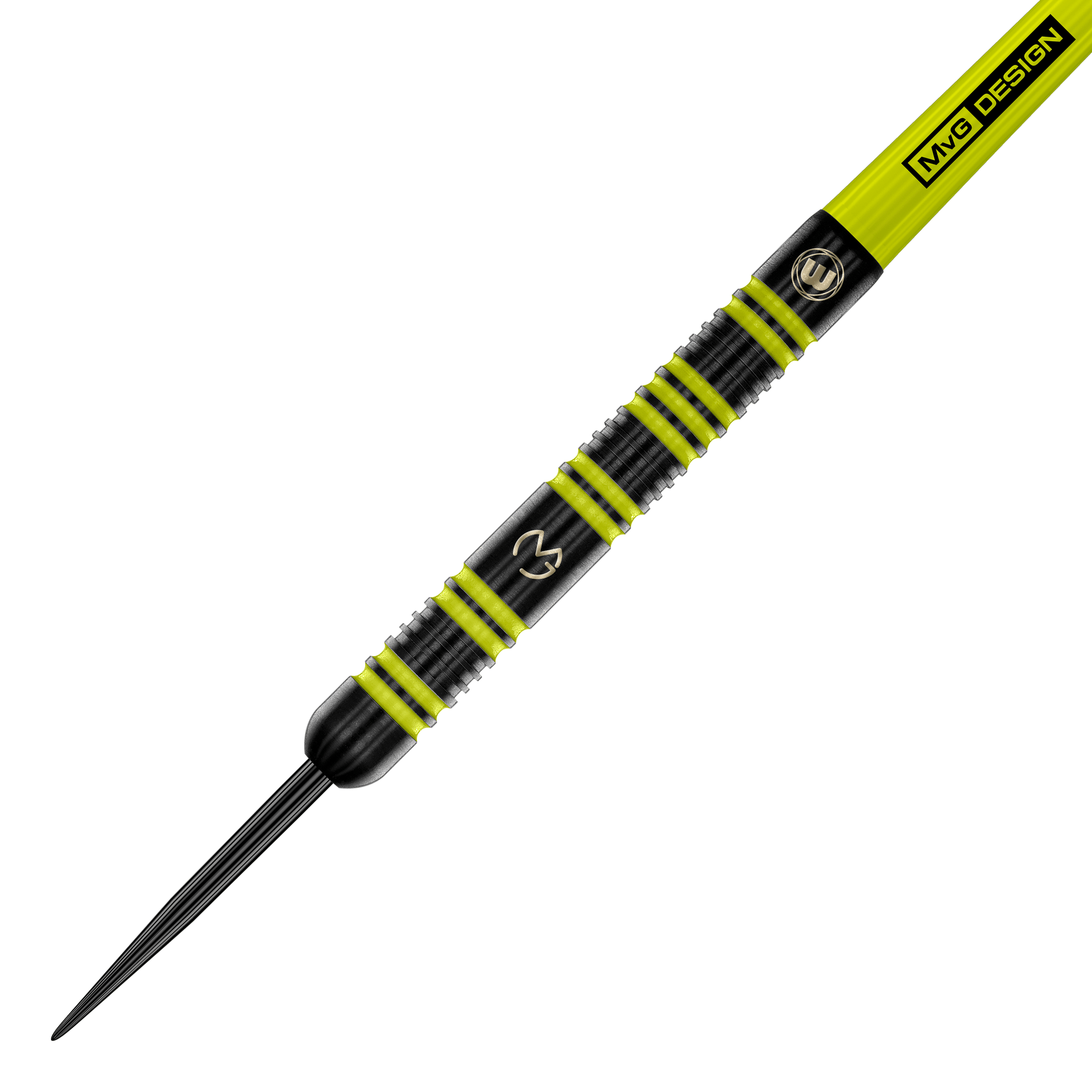 Winmau Michael Van Gerwen 85 Pro-Series steel darts Das Bild zeigt einen Winmau Michael Van Gerwen 85 Pro-Series Steeldart. Der Dart ist schwarz mit auffälligen gelb-grünen Ringen und hat das MVG-Logo eingraviert.