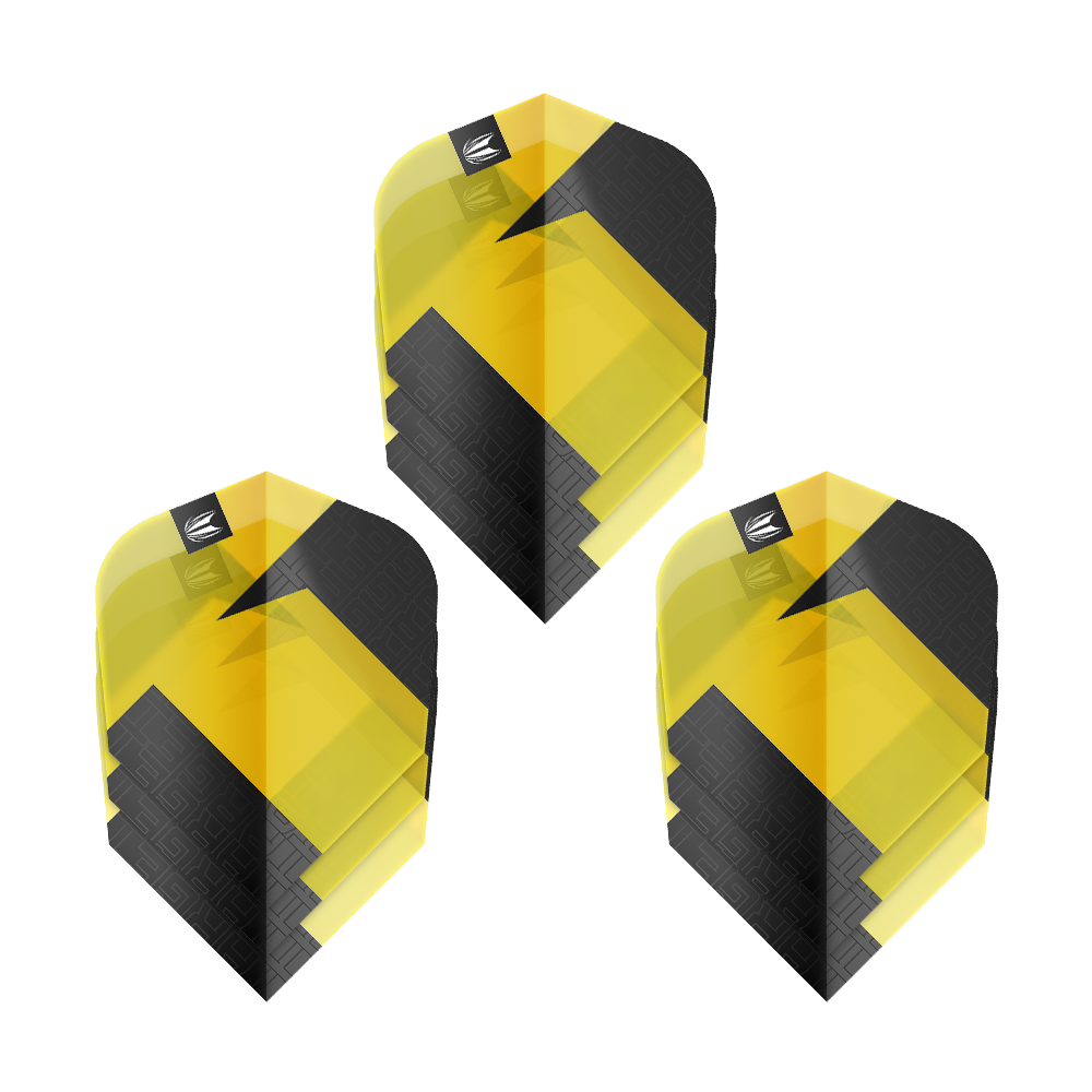 Target Pro Ultra TAG Yellow Ten-X Standard Flights - 3 Sets Das Bild zeigt drei gelb-schwarze Dart-Flights des Produkts "Target Pro Ultra TAG Gelb Ten-X Standard Flights". Die Flights haben ein modernes, geometrisches Design und werden als 3er-Set angeboten.