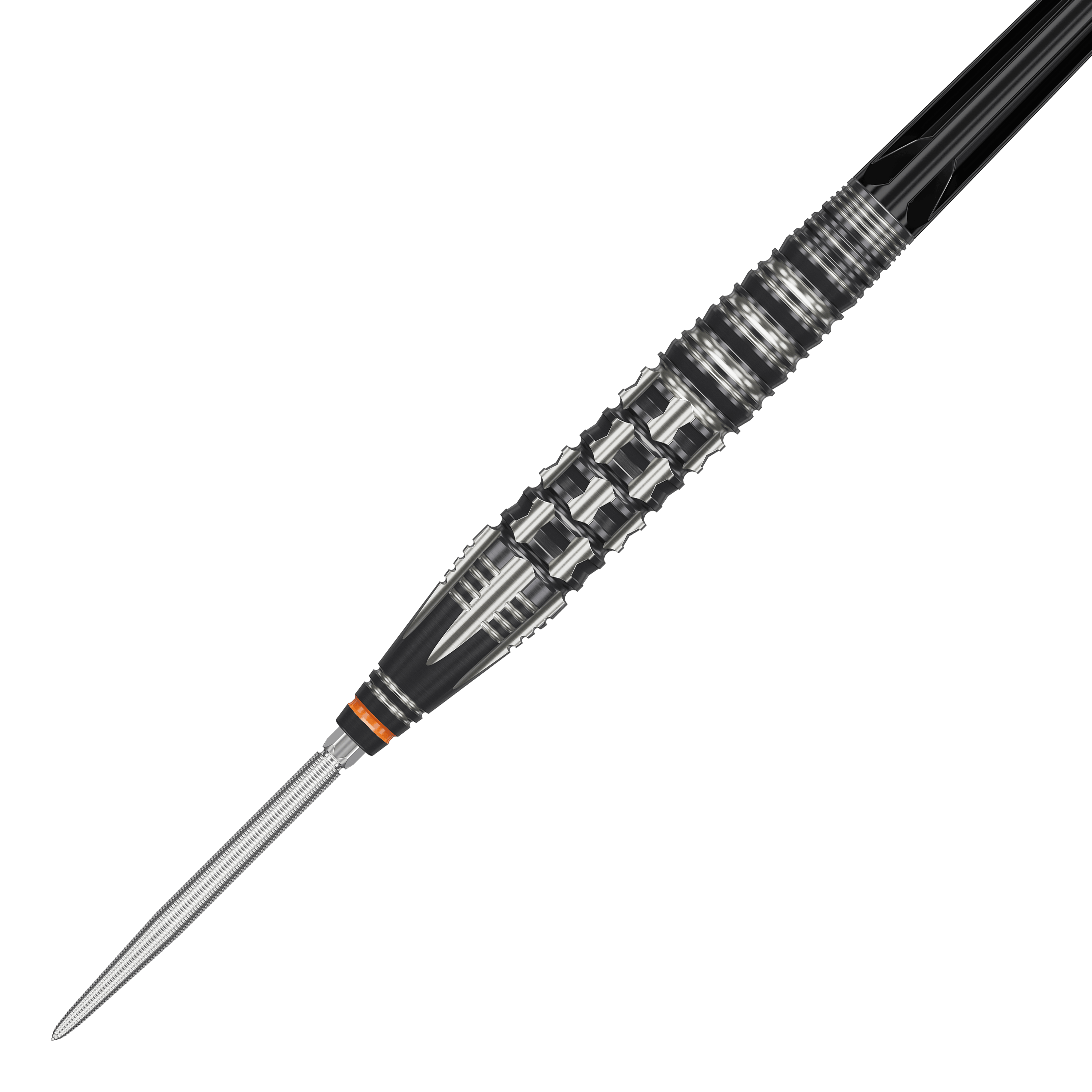 Target Japan Black Marque Dancing Duck GEN 4 steel darts Das Bild zeigt einen Target Japan Black Marque Dancing Duck GEN 4 Steeldart. Der Dart hat ein auffälliges, schwarz-silbernes Design mit markanten Rillen für besseren Halt.