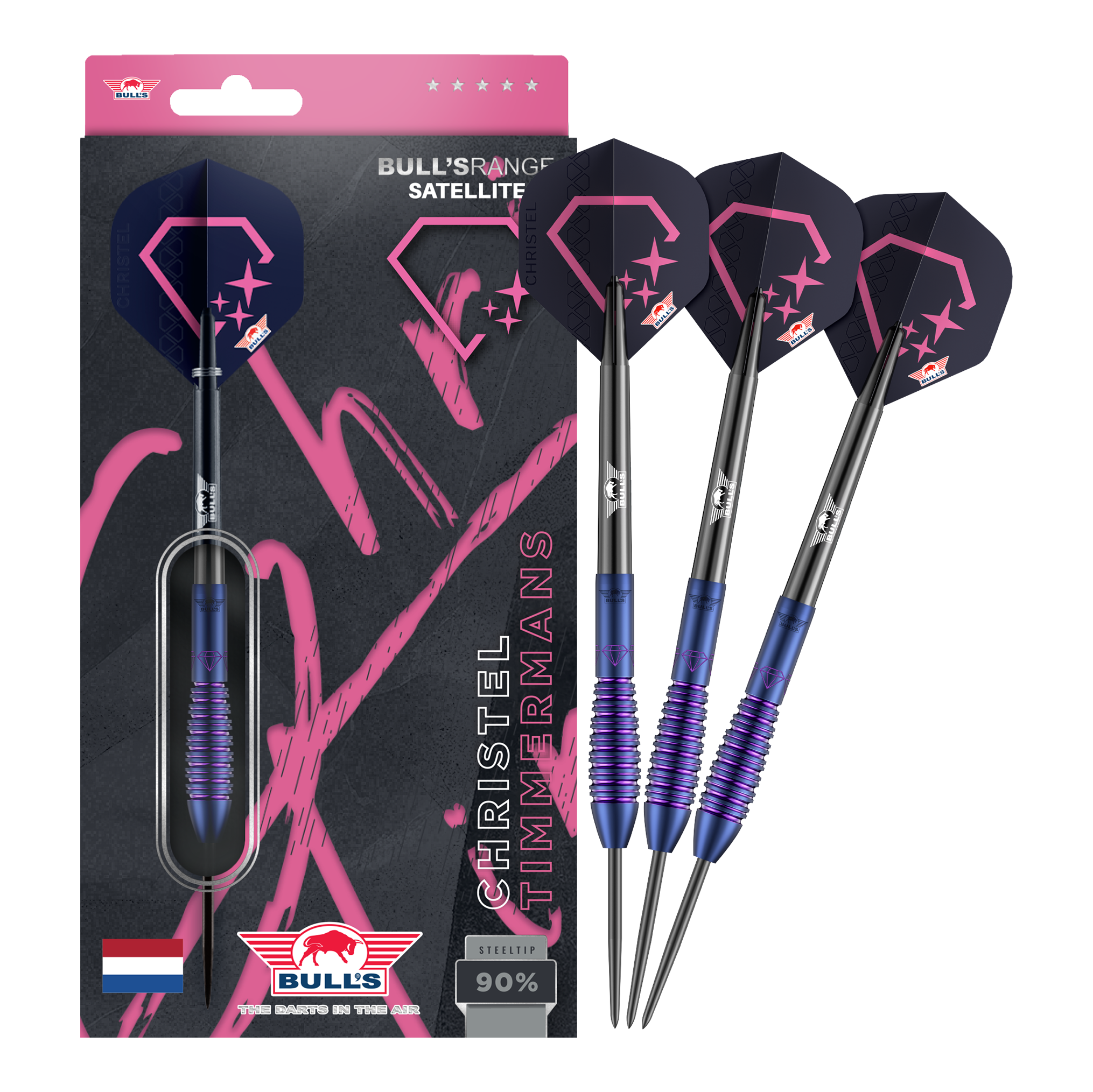 Dieses Bild zeigt die Bulls NL Christel Timmermans Satellite 90 Steeldarts 25g in voller Ansicht. Sie sind ideal für das professionelle Dartspiel geeignet.