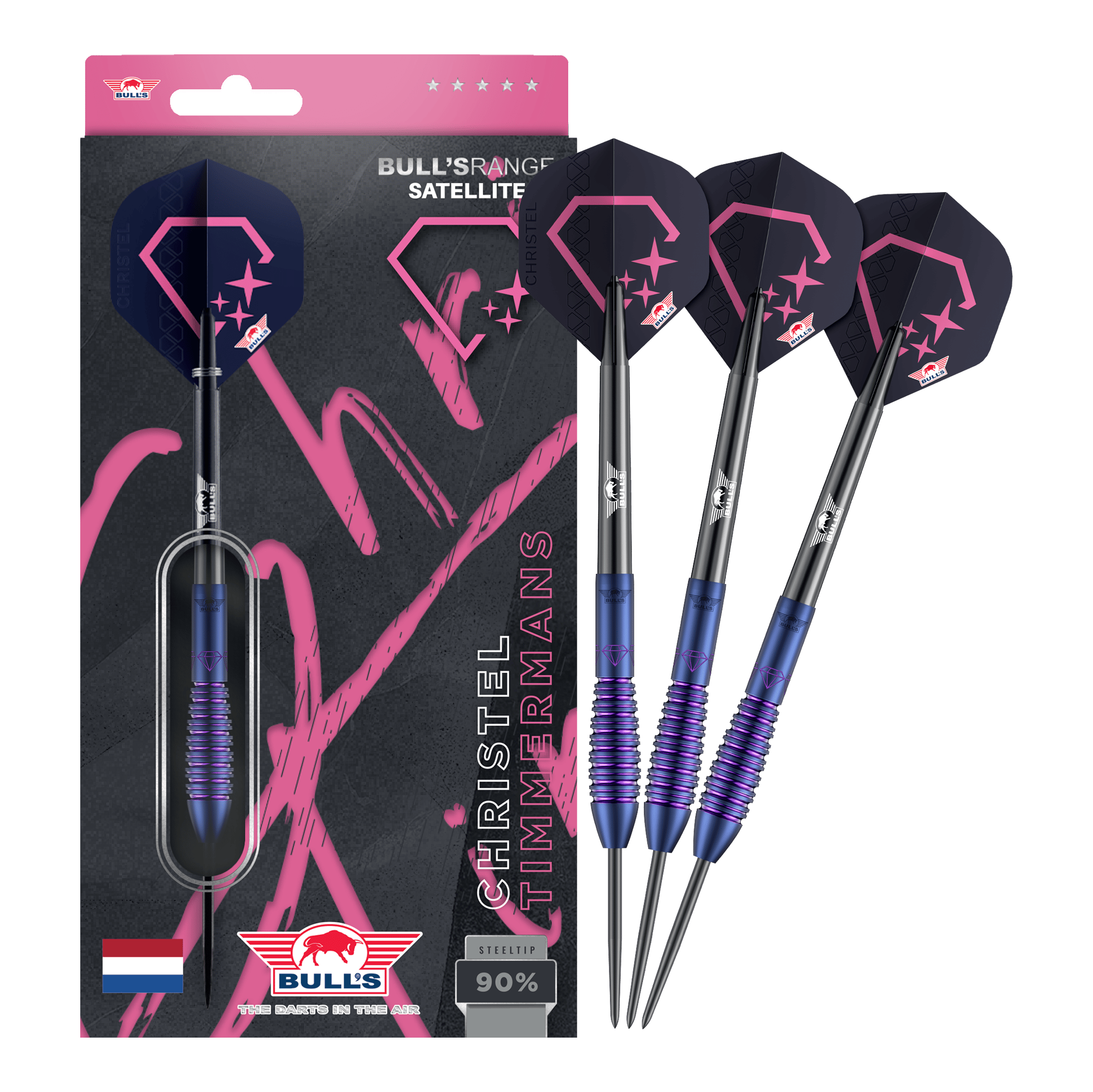 Bulls NL Christel Timmermans Satellite 90 steel darts 25g Dieses Bild zeigt die Bulls NL Christel Timmermans Satellite 90 Steeldarts 25g in voller Ansicht. Sie sind ideal für das professionelle Dartspiel geeignet.