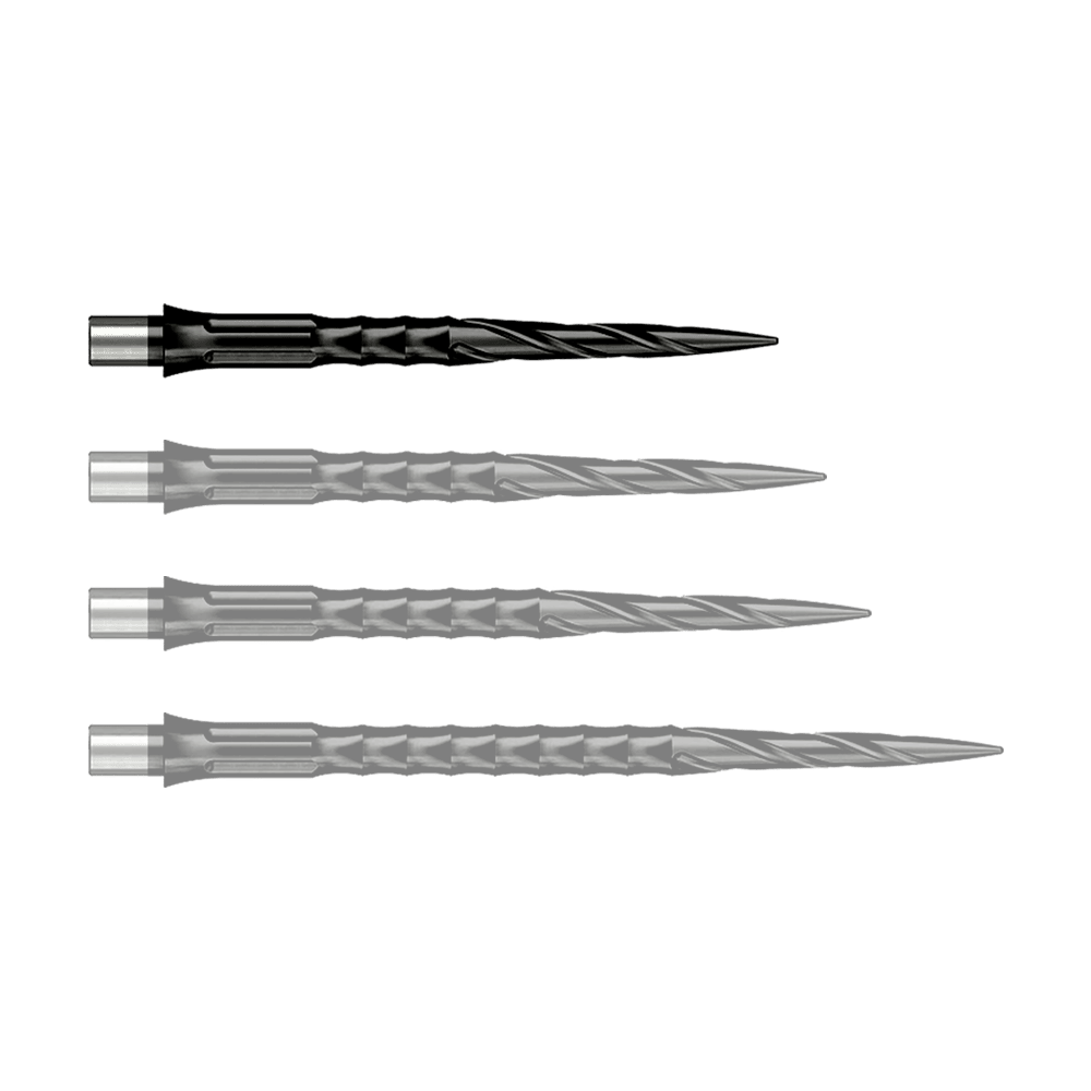 Das Foto zeigt Caliburn Evo System Steeldartspitzen Spiro NoLip Black in 28 mm Länge. Diese Dartspitzen sind in Schwarz gehalten und besonders langlebig.