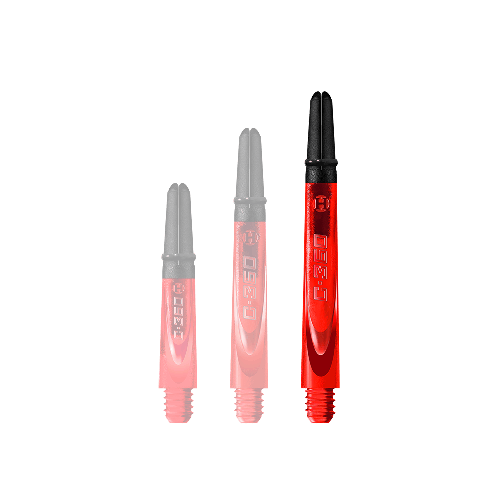 HR457_Harrows_Carbon_360_Shafts_Rot_49mm_1 Auf dem Bild sind drei rote Dartschäfte in unterschiedlichen Längen zu sehen. Sie haben schwarze Enden und die Aufschrift "C-360" auf der Seite.