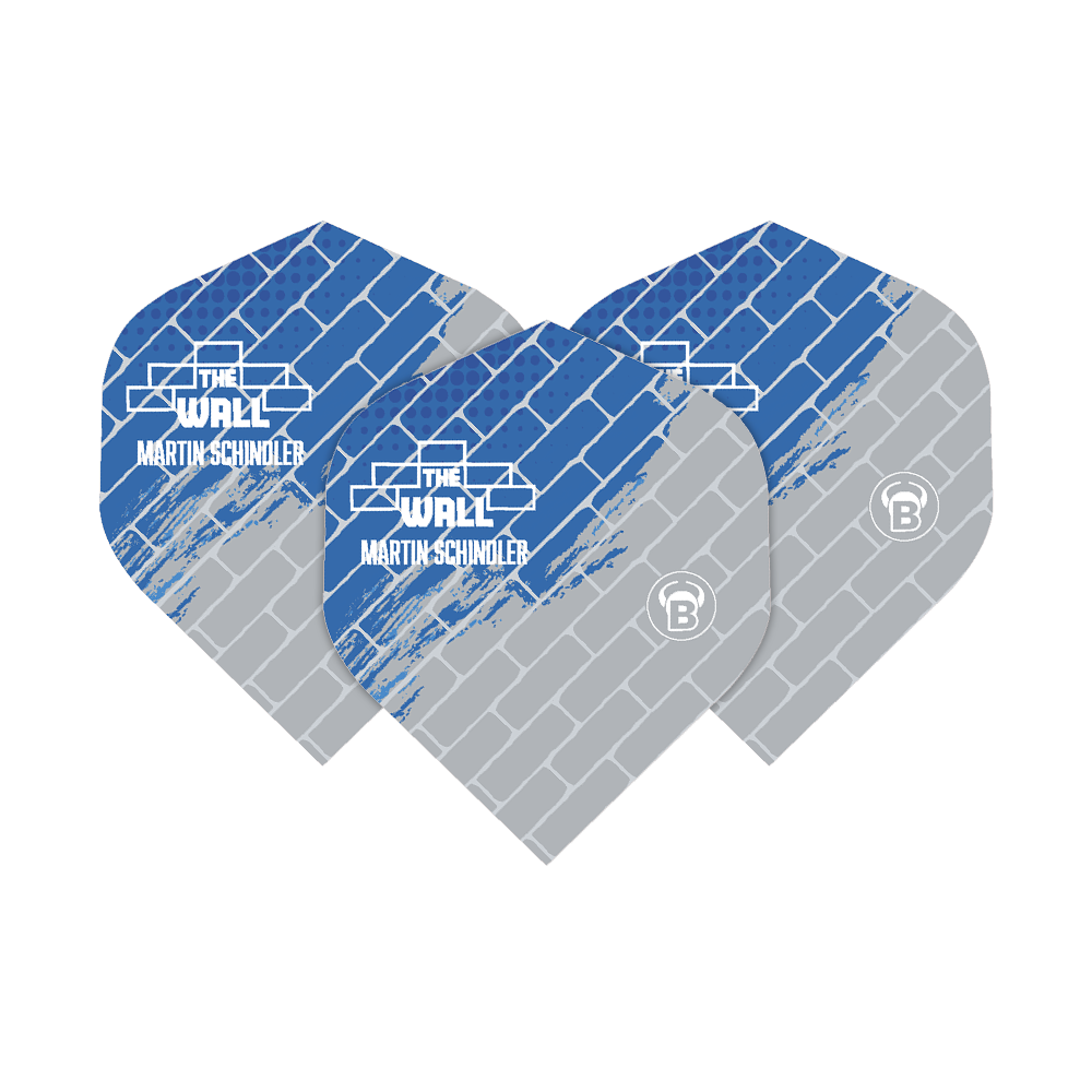 Das Bild zeigt drei Dartflights in Blau und Grau mit einem Ziegelmuster. Auf den Flights steht "The Wall Martin Schindler" in weißer Schrift.