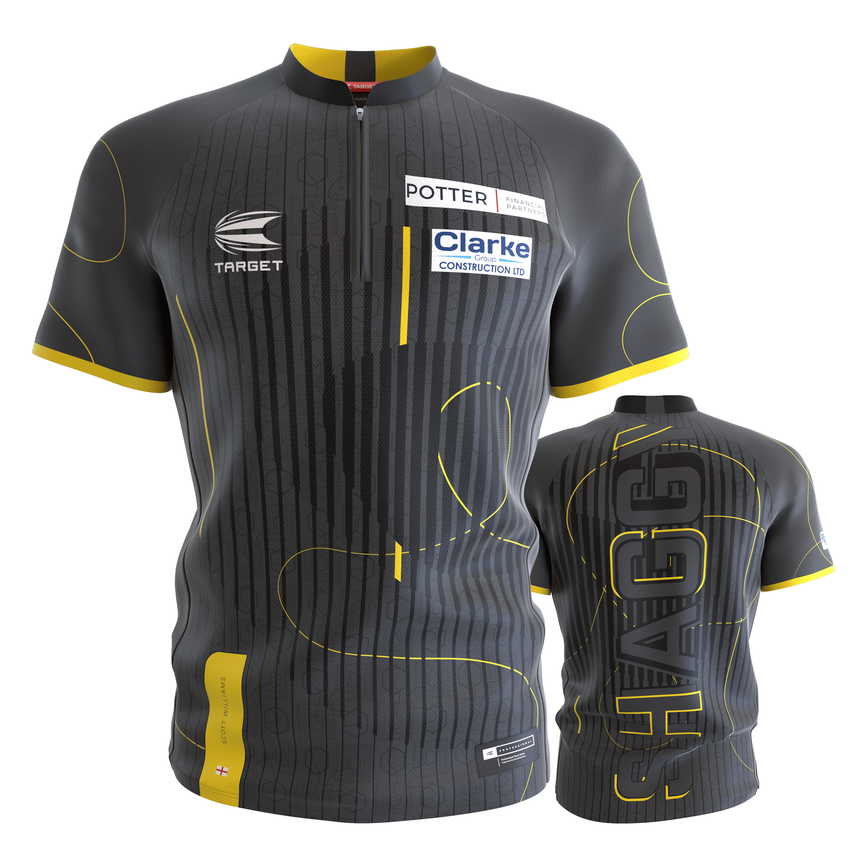 Das Bild zeigt das Target Coolplay Collarless Scott Williams Dartshirt in Grau mit gelben Akzenten. Auf der Vorderseite sind Sponsorenlogos zu sehen und auf der Rückseite steht groß "SHAGGY".