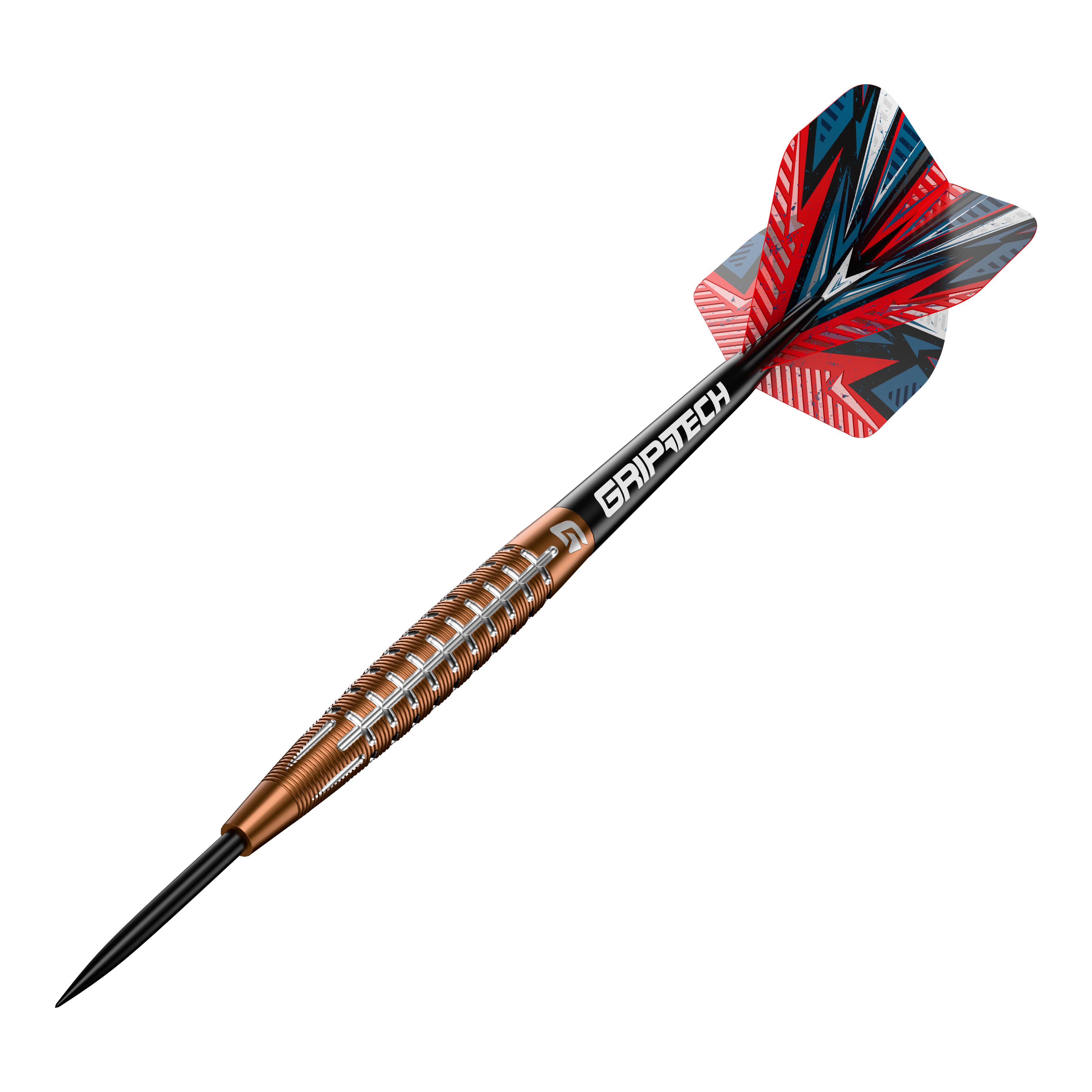 GOAT Quarterback V1 Tungsten Steel Darts Das Bild zeigt einen GOAT Quarterback V1 Tungsten Steeldart. Der Dartpfeil hat ein auffälliges Design mit einer rot-blauen Flight und einem goldenen Griff mit silbernen Rillen.