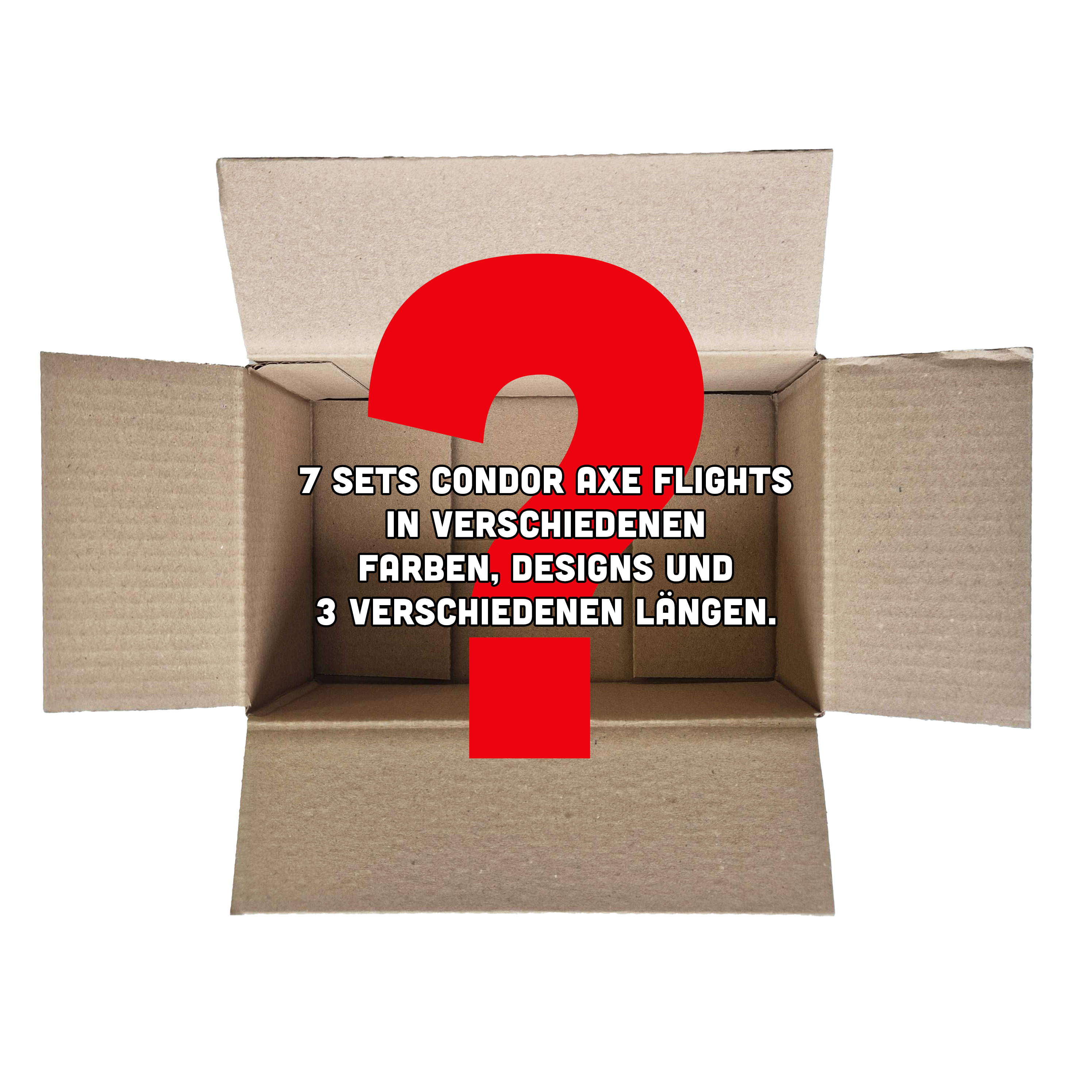 Das Bild zeigt einen offenen Karton mit einem großen roten Fragezeichen darauf. In der Mitte steht der Text: "7 Sets Condor Axe Flights in verschiedenen Farben, Designs und 3 verschiedenen Längen."