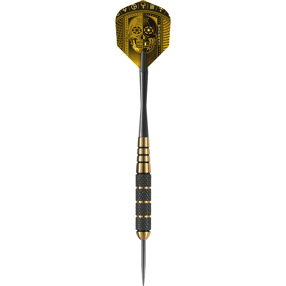 Der abgebildete Dart ist ein „Harrows Voodoo Brass Steeldart“. Er hat ein schwarzes und goldenes Design mit einem Totenkopf auf dem Flight.