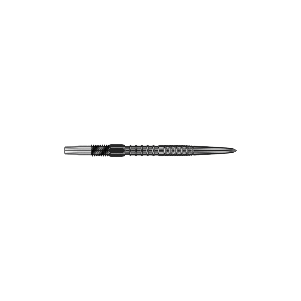Target Swiss Firepoint Black dart tips Das Bild zeigt eine schwarze Dartspitze mit geriffeltem Griff. Sie ist schlank und weist eine Länge von etwa 26 mm auf.