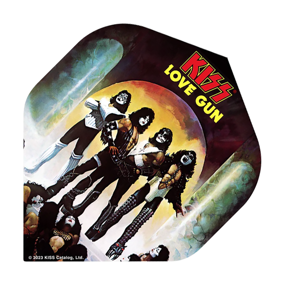 Mission Kiss Love Gun No2 Standard Flights Das Bild zeigt ein Dart-Flügel mit dem Motiv des KISS-Albums „Love Gun“. Darauf sind die Bandmitglieder in ihren charakteristischen Kostümen abgebildet, und oben steht der Schriftzug „KISS LOVE GUN“.