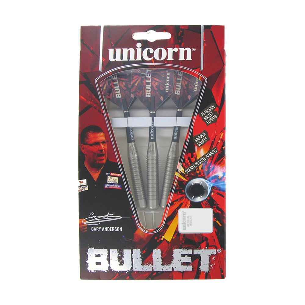 27520_Unicorn_Bullet_Gary_Anderson_Steeldarts_3gFnTJYnn2VNaC Auf dem Bild ist eine Verpackung der "Unicorn Bullet Gary Anderson Steeldarts - 22g" zu sehen. Die Packung enthält drei Steeldarts und ist in einem auffälligen roten Design gestaltet.