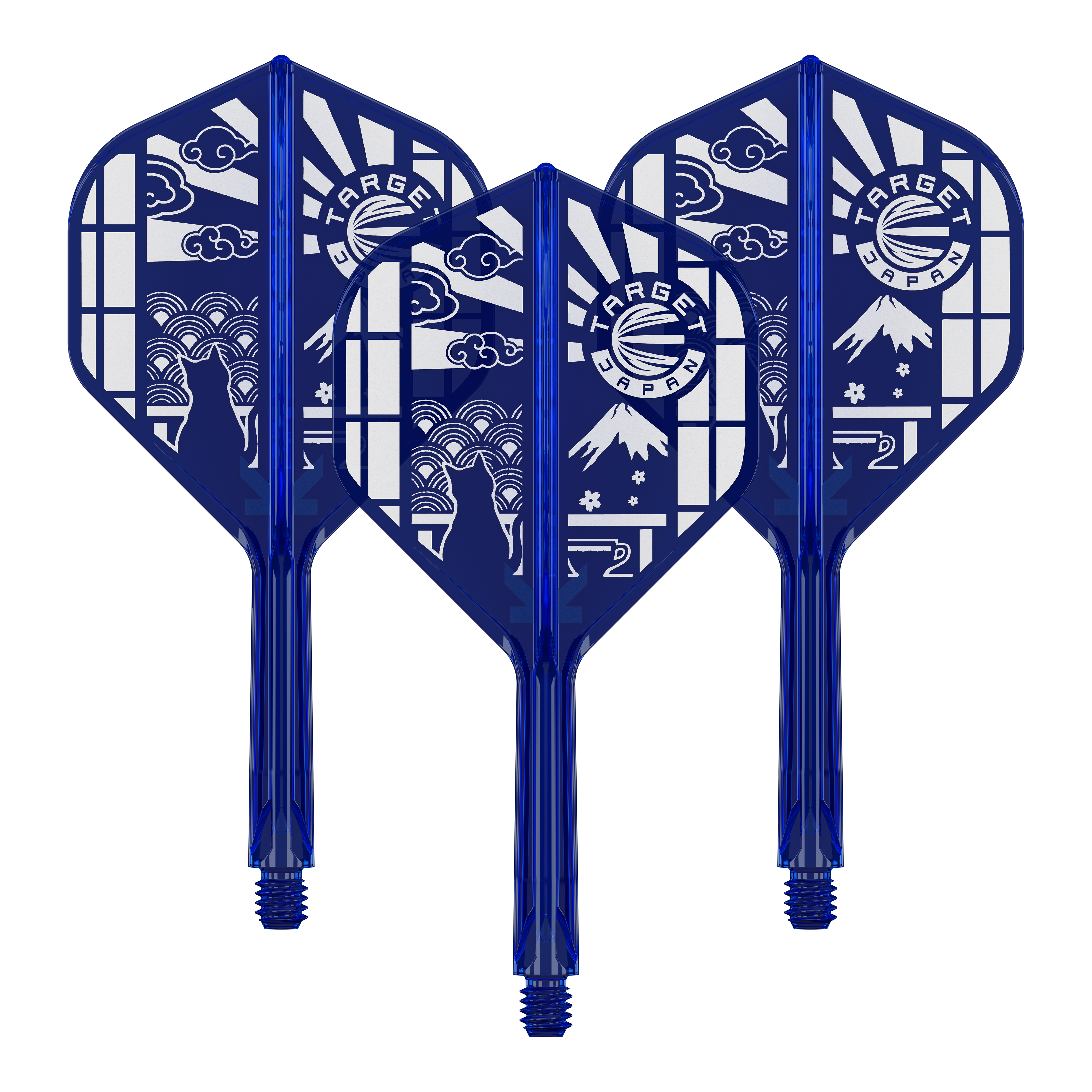 Das Bild zeigt ein Set vom Target Japan K-Flex Blue Limited No2 Flights 26mm. Es handelt sich um blaue Dartflights in einem Set.