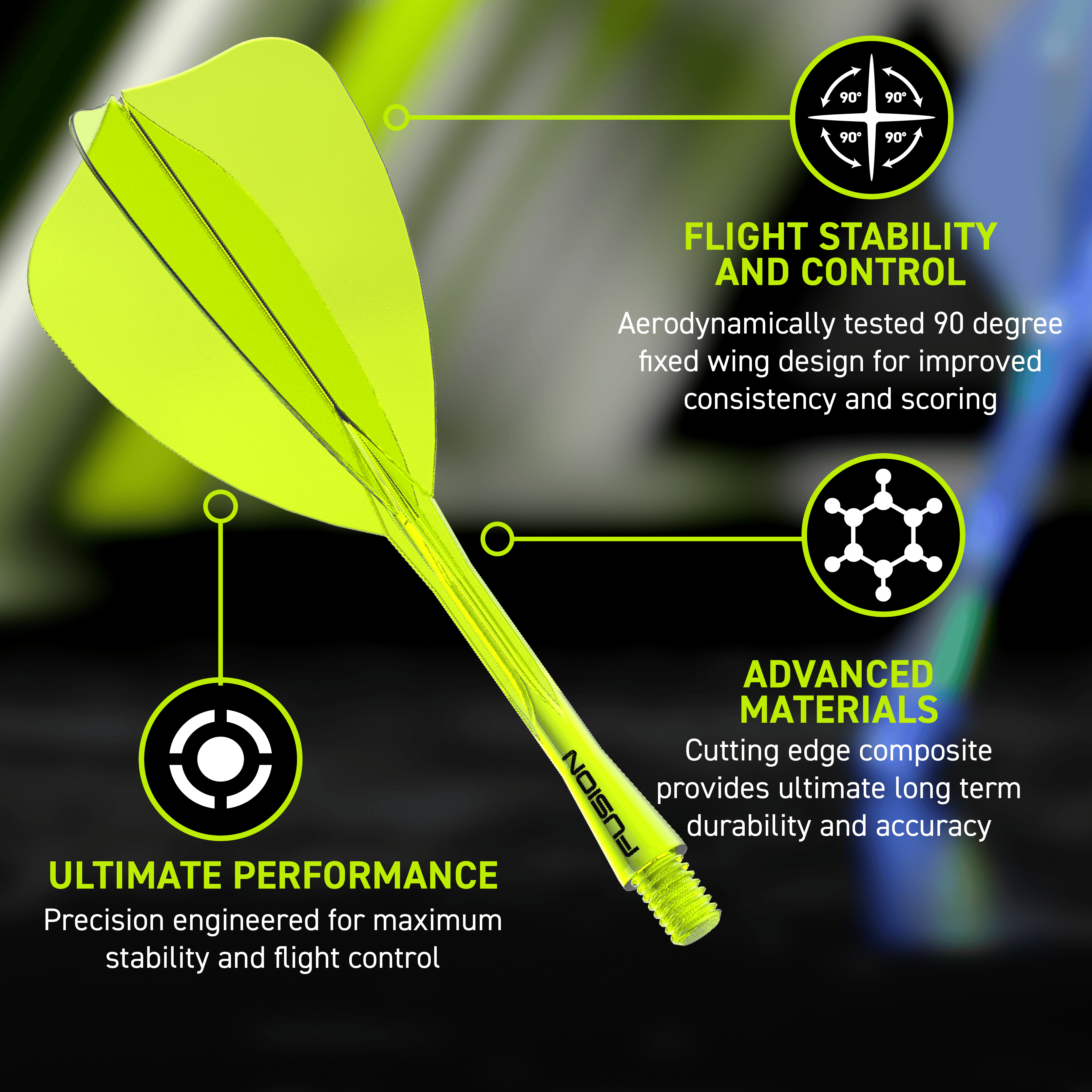 Das Bild zeigt das Winmau Fusion Flight-Shaft-System Arrow Neon Yellow. Es handelt sich um einen neon-gelben Flight-Shaft für Darts.