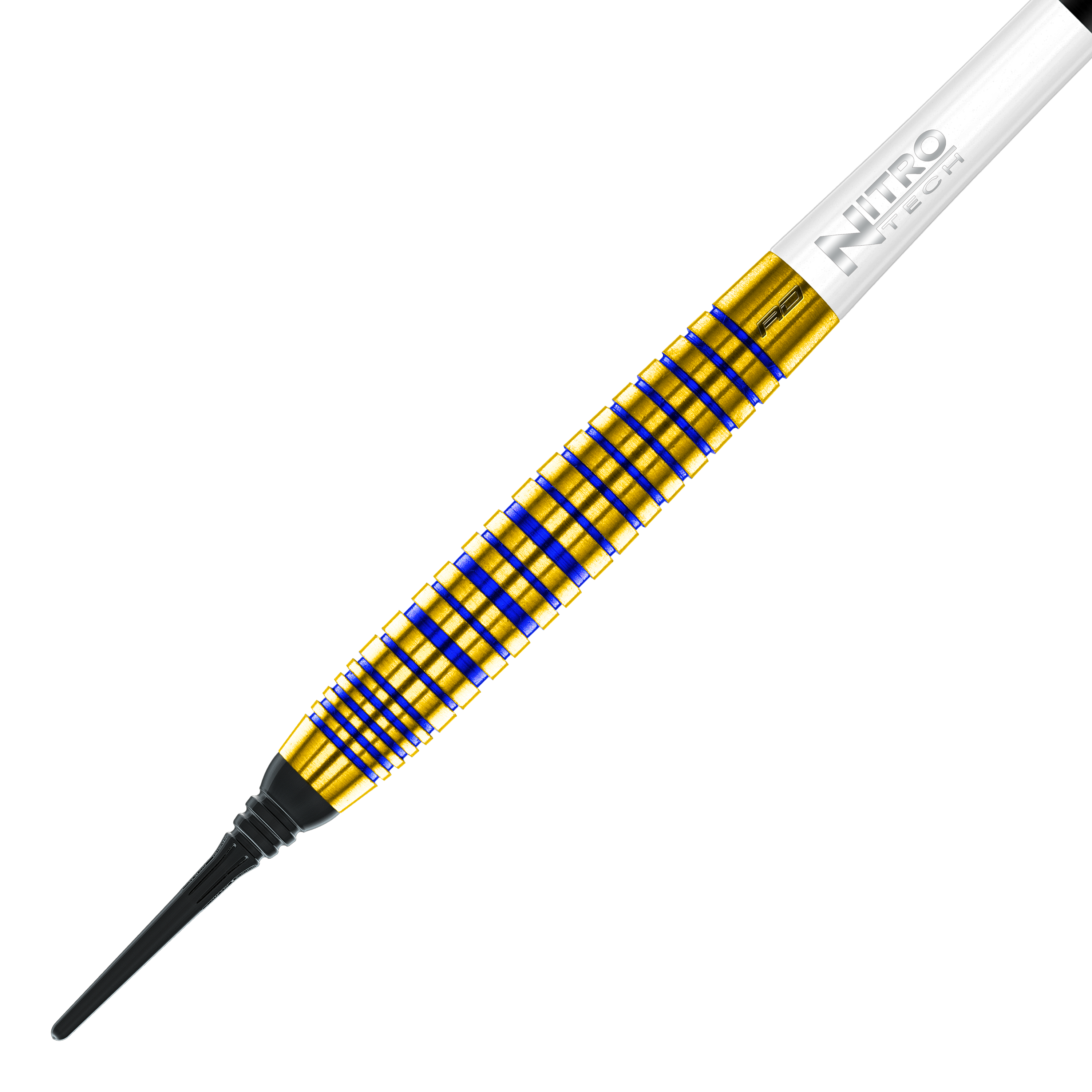 Red Dragon Luke Humphries TX3 Gold SE Softdarts - 20g Das Bild zeigt einen Softdart aus der Serie „Red Dragon Luke Humphries TX3 Gold SE“ mit einem Gewicht von 20 Gramm. Der Dart hat einen goldenen Schaft mit blauen Rillen und einer weißen „Nitro Tech“-Schraube.