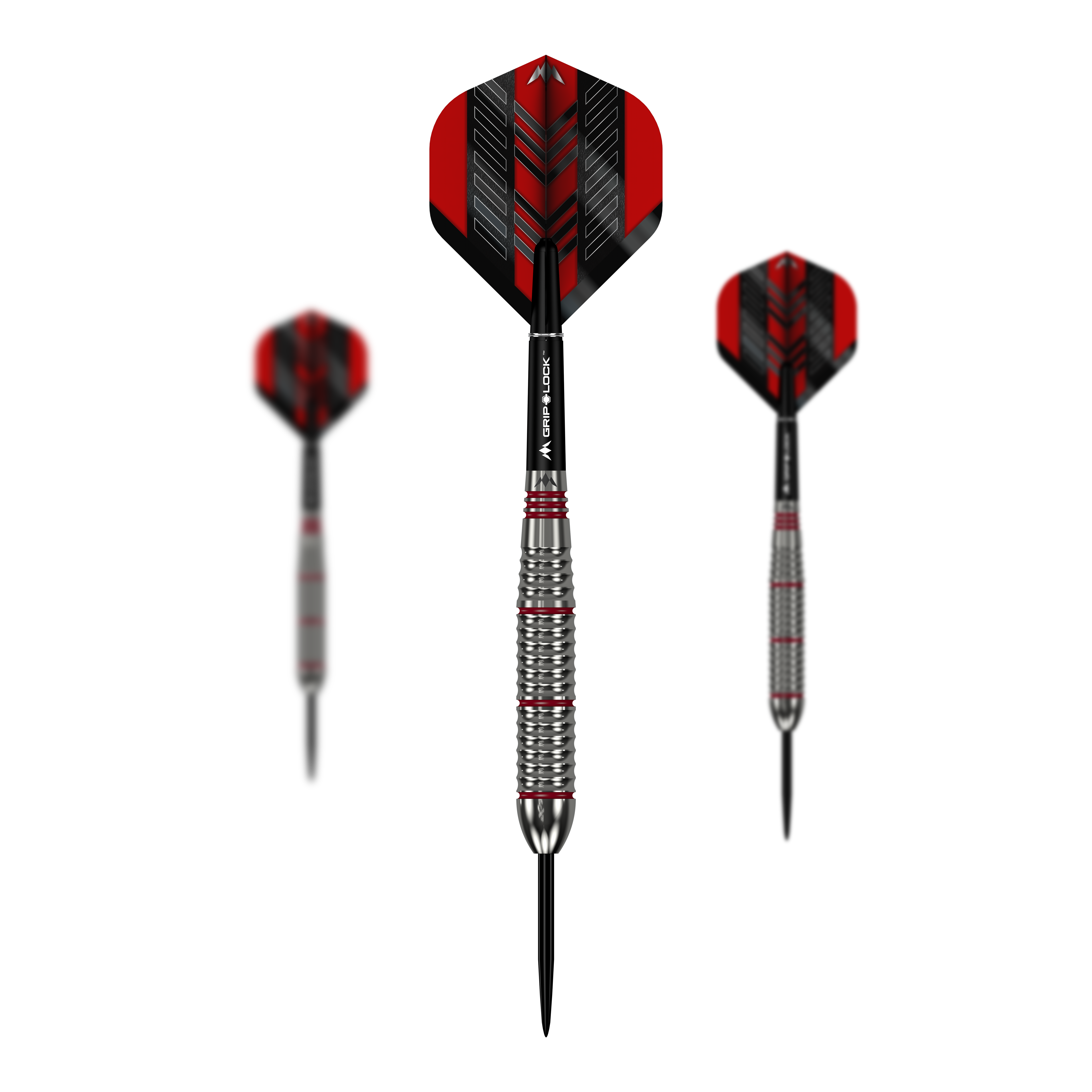 Mission Rogue Brass Steel Darts - 22g Das Bild zeigt drei Mission Rogue Brass Steeldarts mit einem Gewicht von 22g. Die Darts haben rote und schwarze Flights sowie silberne, gerillte Barrels.