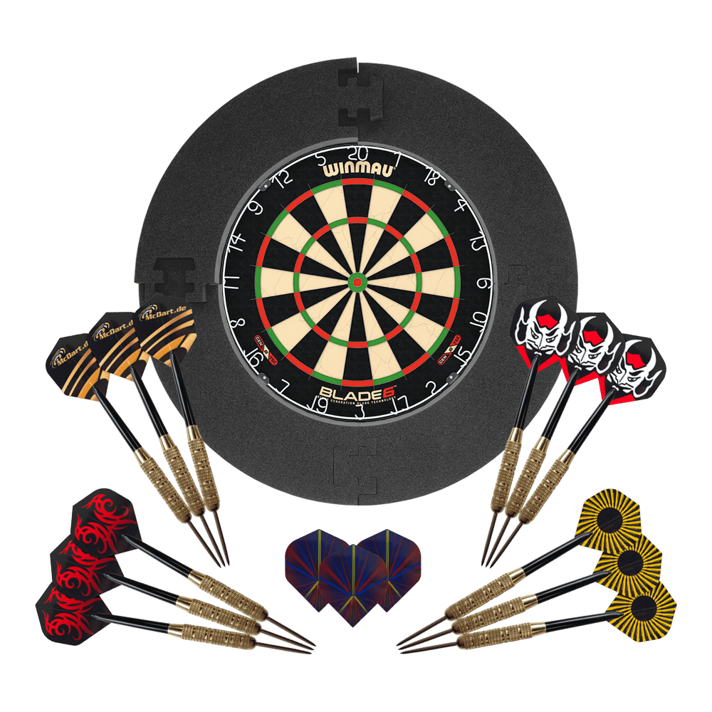 Winmau Blade 6 Bundle with 12 McDart steel darts and catch ring Hier ist das Winmau Blade 6 Bundle mit 12 McDart Steeldarts und schwarzem Catchring zu sehen. Das Set eignet sich für Dartsport-Fans.