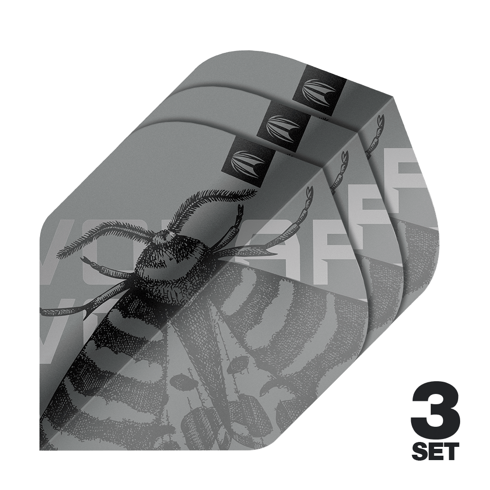Target Pro Ultra Volar No2 Standard Flights - 3 sets Das Bild zeigt drei Sätze der Target Pro Ultra Volar No2 Standard Flights. Das Design ist grau mit einem detaillierten Insektenmotiv und der Aufschrift "3 SET".