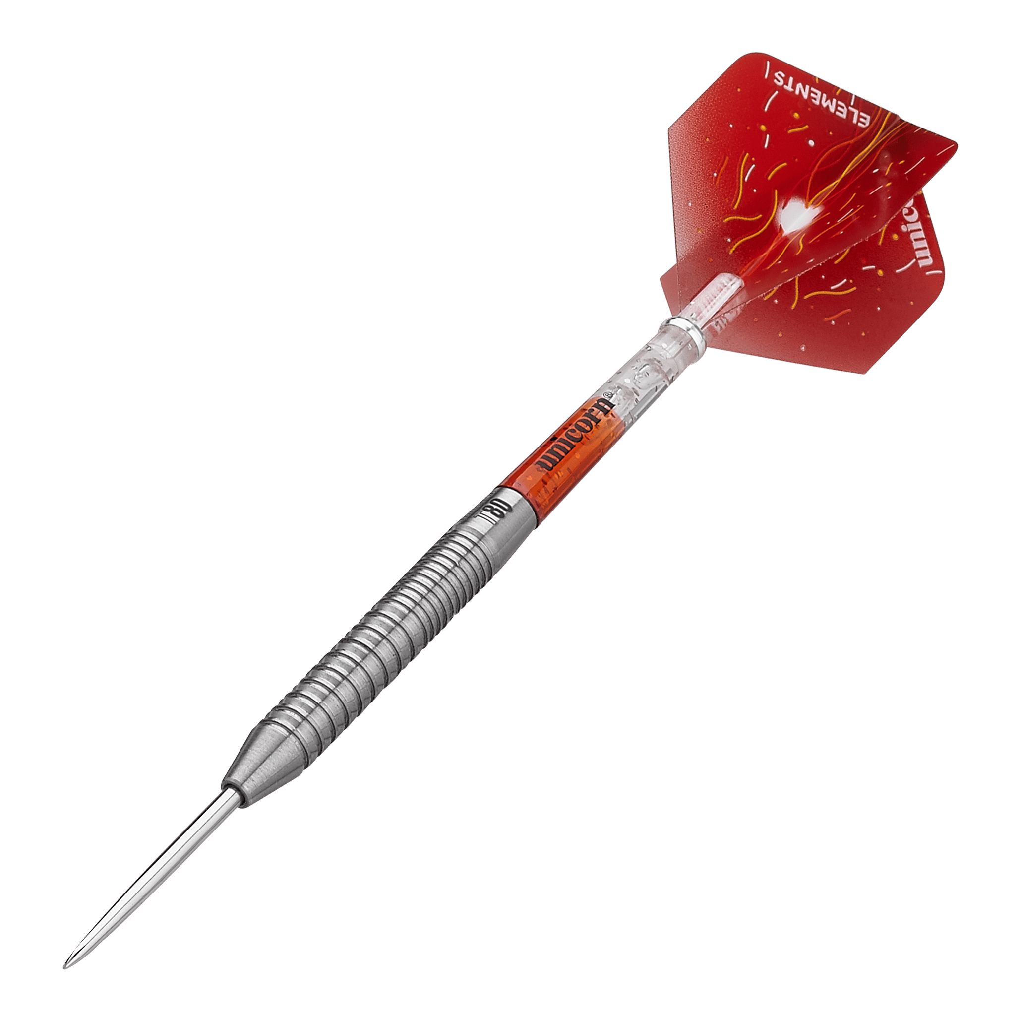Unicorn Core XL Striker Style 1 Steeldarts - 22g Das Bild zeigt einen Unicorn Core XL Striker Style 1 Steeldart mit 22g Gewicht. Der Dart hat einen silbernen, geriffelten Schaft und rote Flights mit einem Feuerdesign.