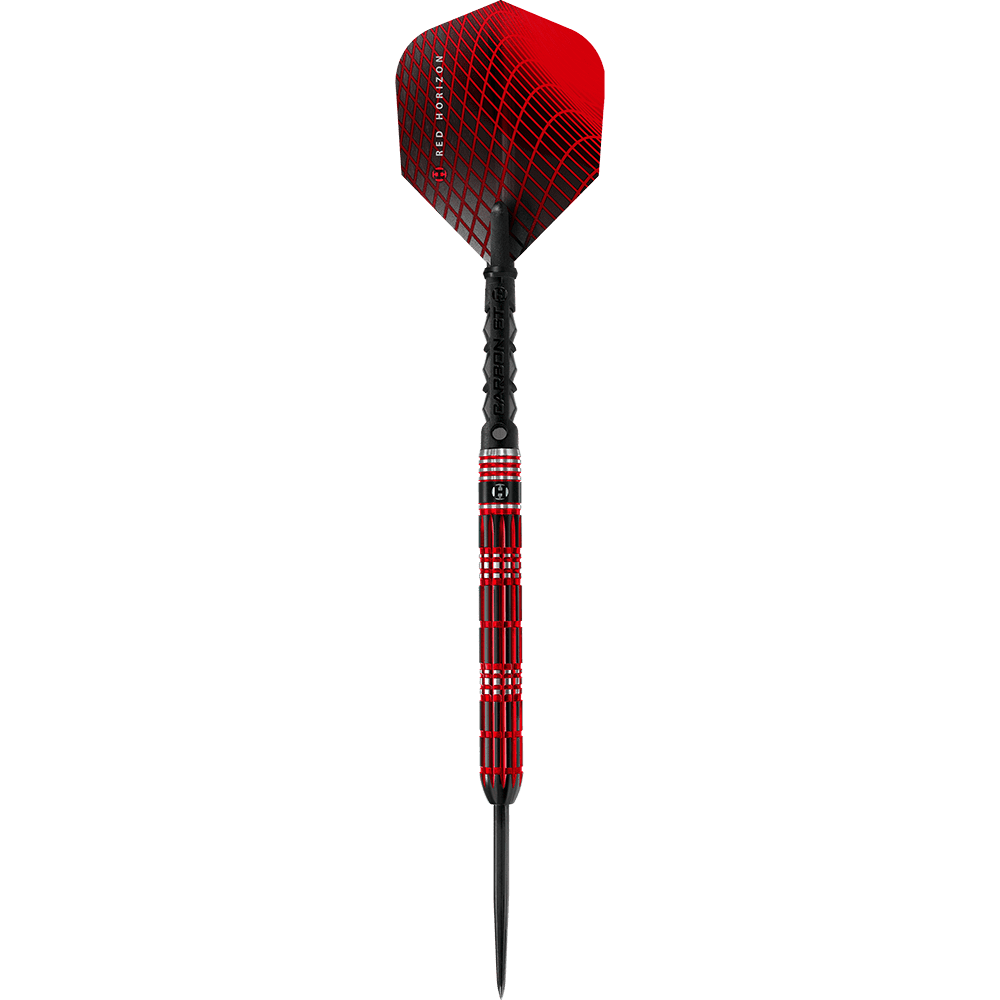 HA33577_Harrows_Red_Horizon_Steeldarts_1 Auf dem Bild ist ein Steeldartpfeil mit rotem und schwarzem Design zu sehen. Die Spitze, der Schaft und das Flight zeigen ein modernes, geometrisches Muster.