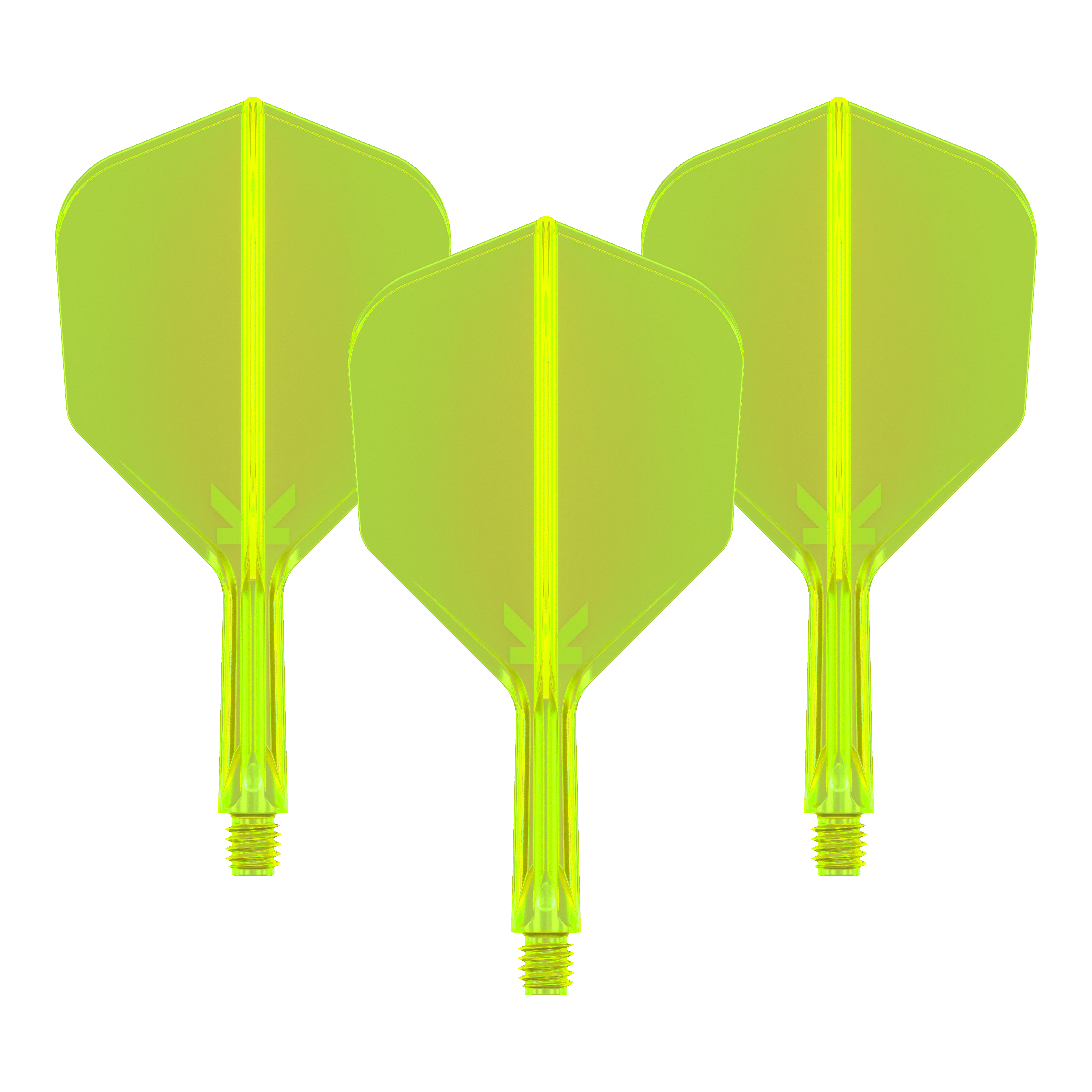 Target K-Flex No6 Flight System - Neon Yellow Das Bild zeigt drei neongelbe Dartflights mit integrierten Schäften. Sie sind nebeneinander angeordnet und auf schwarzem Hintergrund zu sehen.