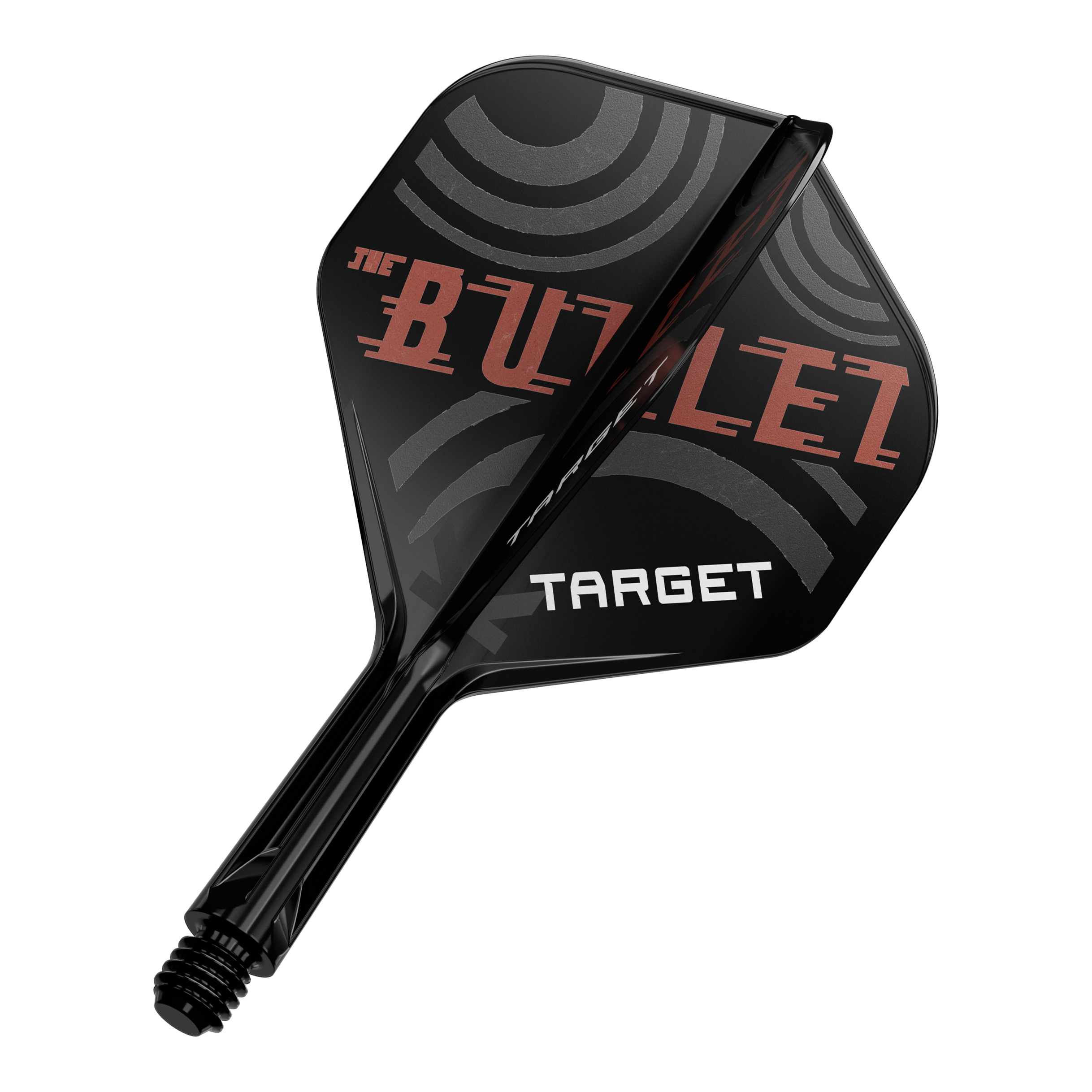 Target K-Flex Stephen Bunting No2 Standard Flight Shaft System Das Bild zeigt einen schwarzen Dartpfeil mit der Aufschrift „THE BULLET“ und „TARGET“ auf den Flügeln. Die Flügel haben ein modernes, kreisförmiges Design in Grau und Rot.