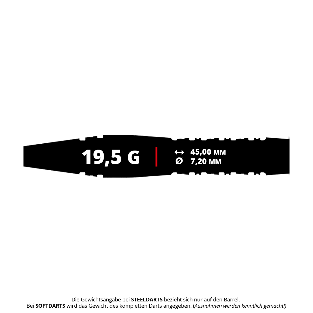 Caliburn Prisma Steeldarts mit einem Gewicht von 19,5g. Das Produkt ist für präzise Würfe beim Dartspiel geeignet.