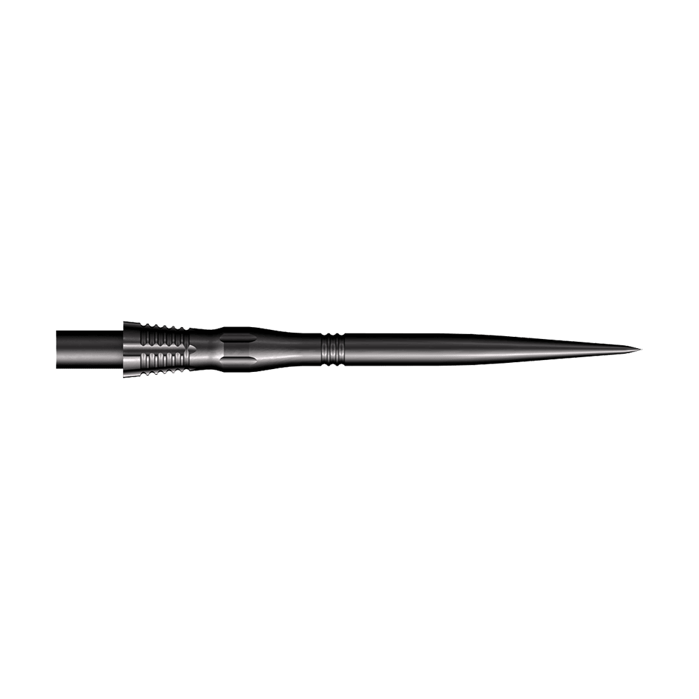 Shot Cone Scallop Steel Dart Tips - Black - 35mm Das Bild zeigt eine schwarze Steeldart-Spitze mit dem Namen "Shot Cone Scallop". Die Spitze ist 35 mm lang und hat eine schlanke, gezackte Form.