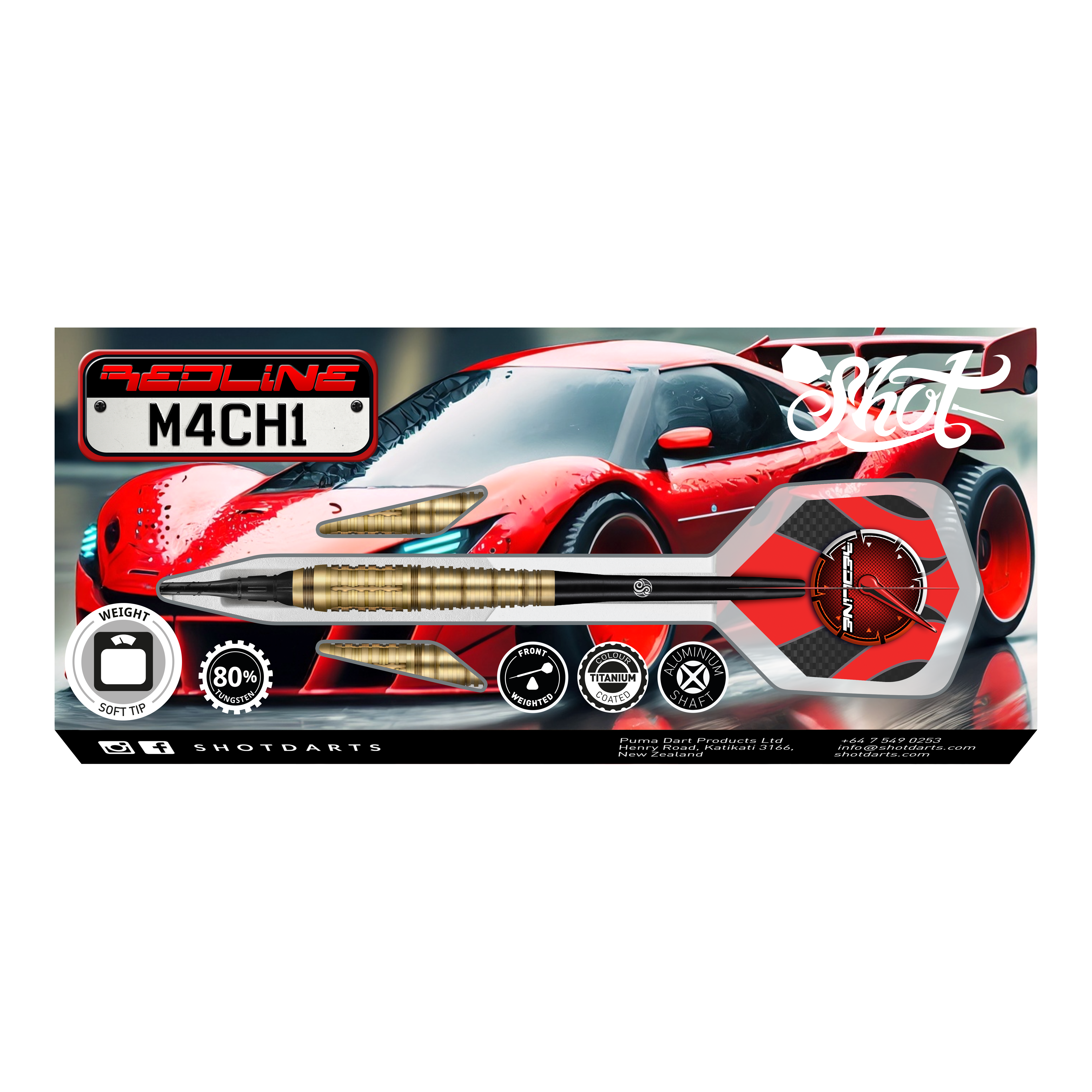 Shot Redline Mach 1 soft darts - 20g Das Bild zeigt die Verpackung der "Shot Redline Mach 1 Softdarts - 20g". Auf der Packung ist ein roter Sportwagen zusammen mit einem abgebildeten Softdart-Pfeil zu sehen.