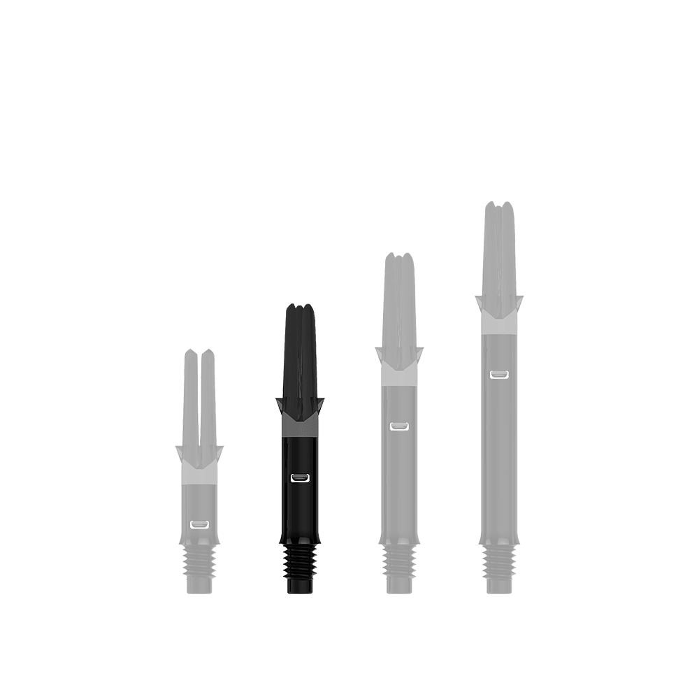 L-L-Style-Shafts Silent Straight - Black Auf dem Bild sind drei schwarze, gerade Dartshafts ohne Kappen in unterschiedlicher Länge zu sehen. Sie stehen nebeneinander aufgereiht vor transparentem Hintergrund.