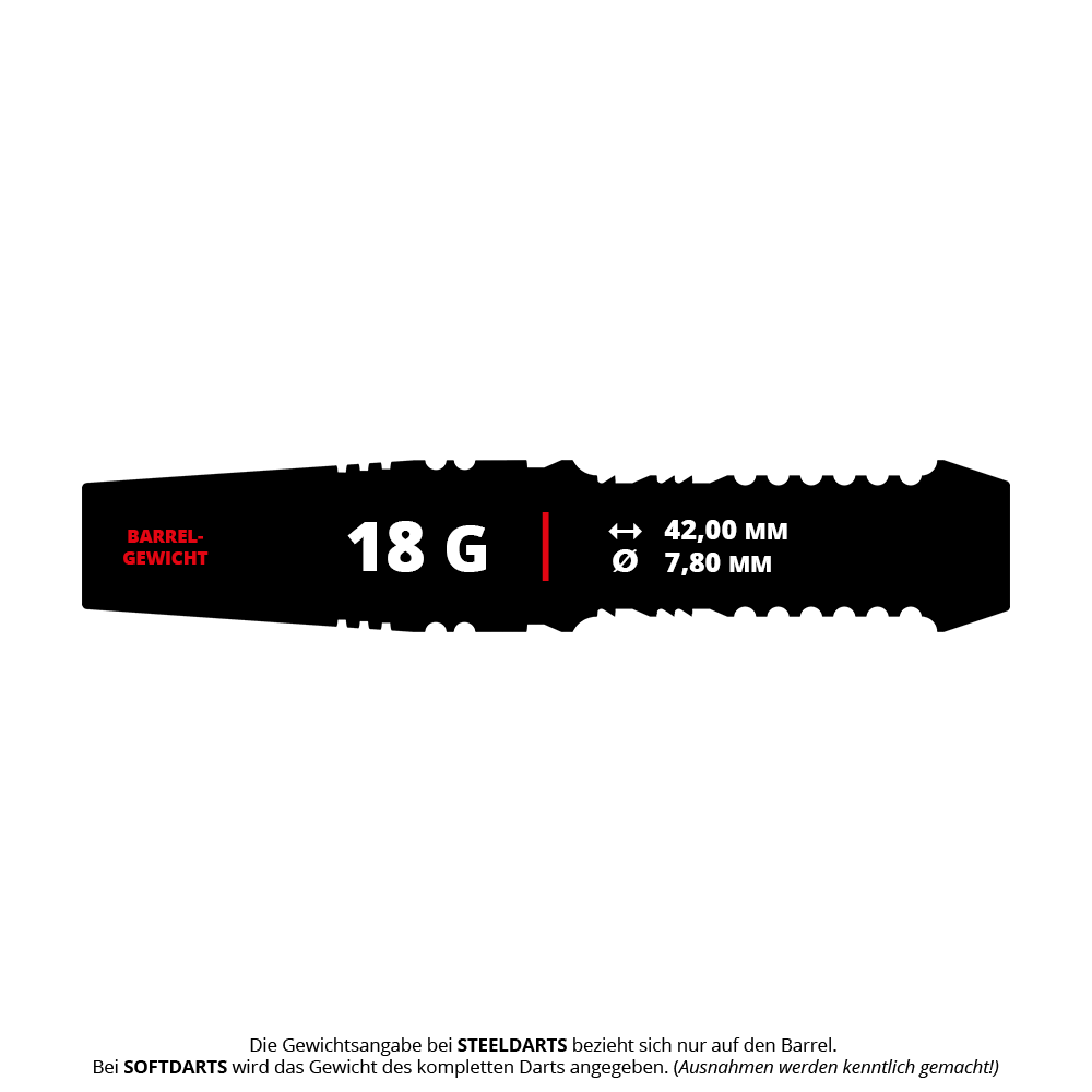 Target Japan Black Marque Heracles Soft Darts - 18g Das Bild zeigt das Produkt "Target Japan Black Marque Heracles Softdarts - 18g". Der Dart-Barrel wiegt 18 Gramm, ist 42,00 mm lang und hat einen Durchmesser von 7,80 mm.