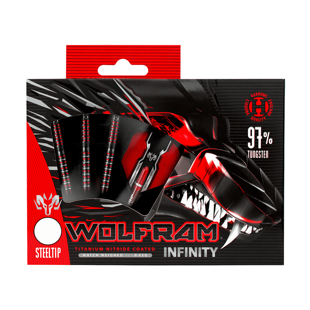 HA16990-Harrows-Wolfram-Infinity-97-Tungsten-Steeldarts-3 Auf dem Bild ist die Verpackung der "Harrows Wolfram Infinity 97% Tungsten Steeldarts" zu sehen. Das Design ist schwarz-rot und zeigt einen stilisierten Drachenkopf sowie die Darts mit Stahspitzen.