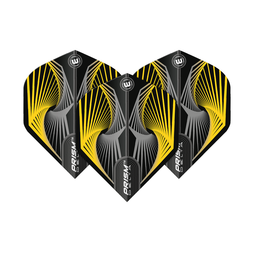 6915-241_Winmau_Prism_Delta_Spiral_YellowGrey_Standard_Flights_1fbl9FKLt3XNxA Das Bild zeigt drei Dart-Flights des Modells „Winmau Prism Delta Spiral YellowGrey Standard Flights“. Sie sind schwarz mit auffälligen gelben und grauen Spiral-Designs.