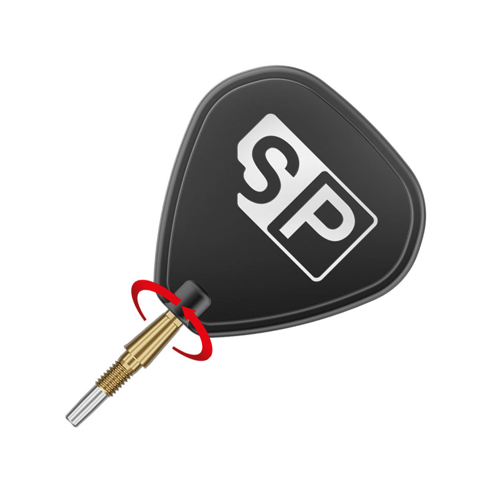 Target Swiss Point Storm Surge steel dart tips - gold Auf dem Bild ist eine goldene Dartspitze mit einem schwarzen Flight zu sehen, auf dem die Buchstaben "SP" abgebildet sind. Um die Spitze ist ein roter Pfeil, der eine Drehbewegung anzeigt.