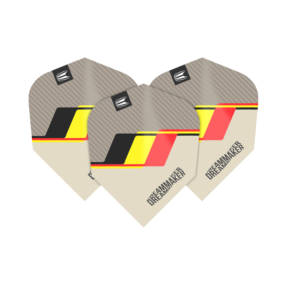 TG78_336510_Target_Pro_Ultra_Dimitri_Van_Den_Bergh_2022_Ten-X_Flights_1D0Y7Ur05qMC7H Das Bild zeigt drei Dart-Flights mit dem Namen "Target Pro Ultra Dimitri Van Den Bergh TenX Flights". Sie sind in Beige, Grau, Schwarz, Gelb und Rot gestaltet und tragen den Schriftzug "DREAMMAKER".