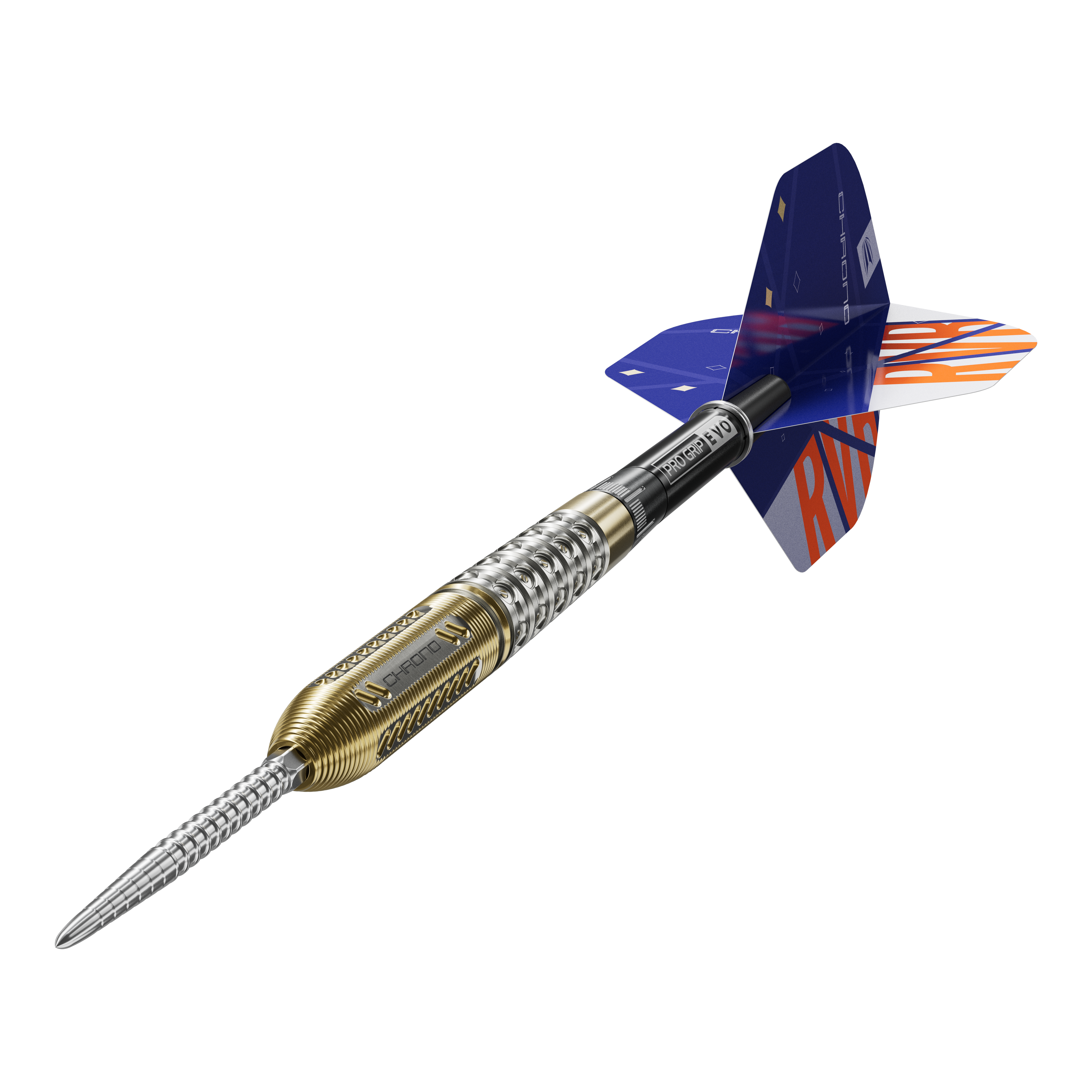 Target Raymond Van Barneveld Chrono 95 Swiss Point Steel Darts Auf dem Bild ist ein Steeldart der Marke Target zu sehen, Modell "Raymond Van Barneveld Chrono 95 Swiss Point". Der Dartpfeil hat ein metallisch silber-goldenes Barrel und bunte Flights mit der Aufschrift "RVB".