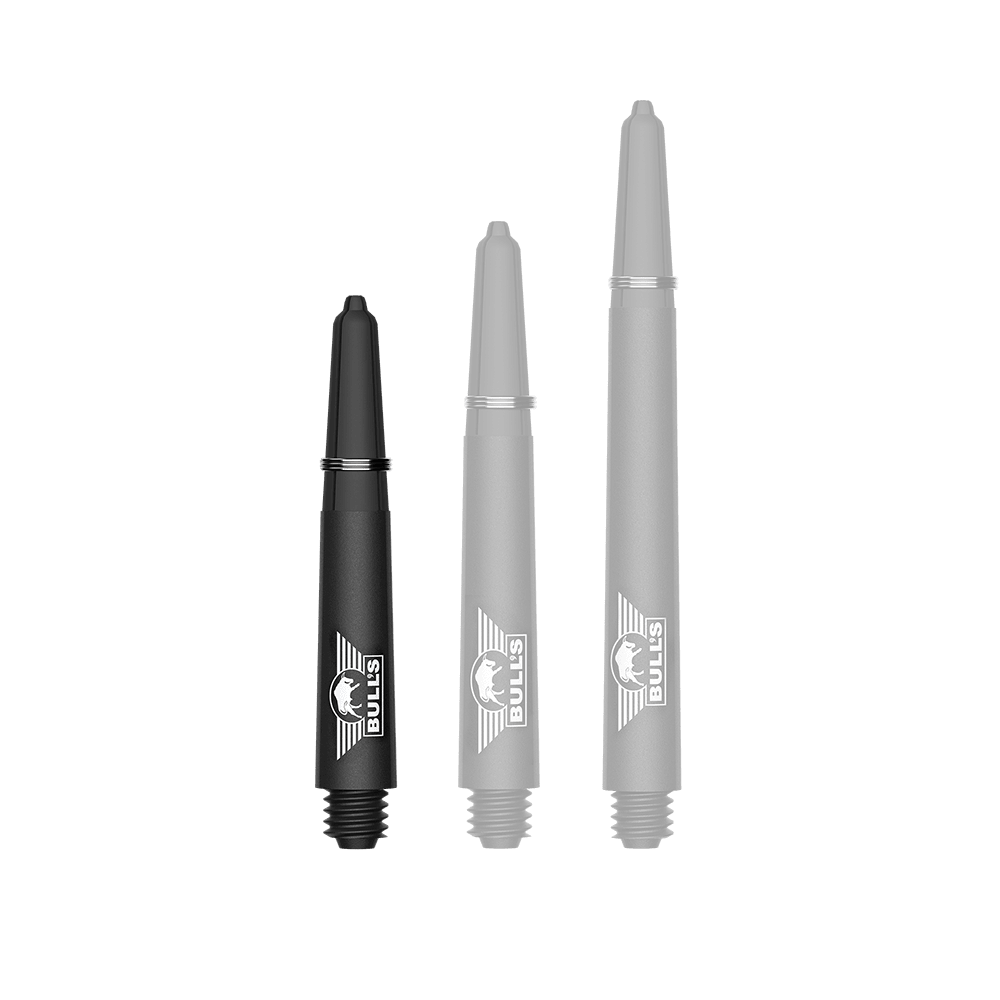 Bulls NL Capo Carbon Shafts - Black Ein Bild mit dem Dateinamen BU55340_BullsNL_Capo_Carbon_Shafts_Schwarz_Short_34mm_1. Zu sehen ist wahrscheinlich ein kurzer schwarzer Carbon-Shaft für Darts.