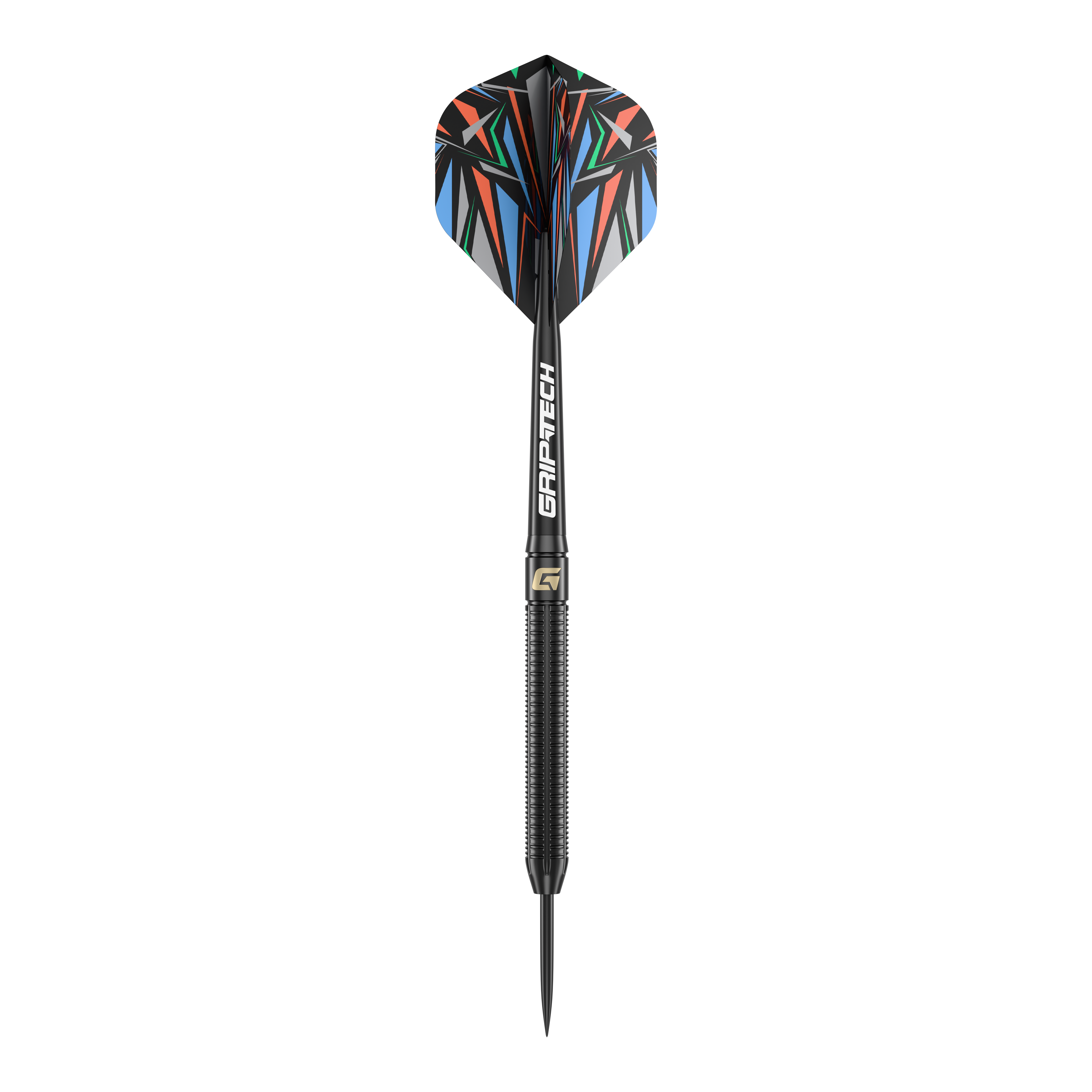GOAT Athlete Black Brass Steeldarts - 13g Das Bild zeigt einen GOAT Athlete Black Brass Steeldart mit einem Gewicht von 13g. Der Dart hat eine schwarze, gerändelte Spitze und bunte Flights mit geometrischem Muster.